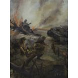 Oil on canvas Battlefield WWII English soldiers 'The last moment', signed and dated 1944