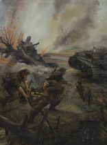 Oil on canvas Battlefield WWII English soldiers 'The last moment', signed and dated 1944