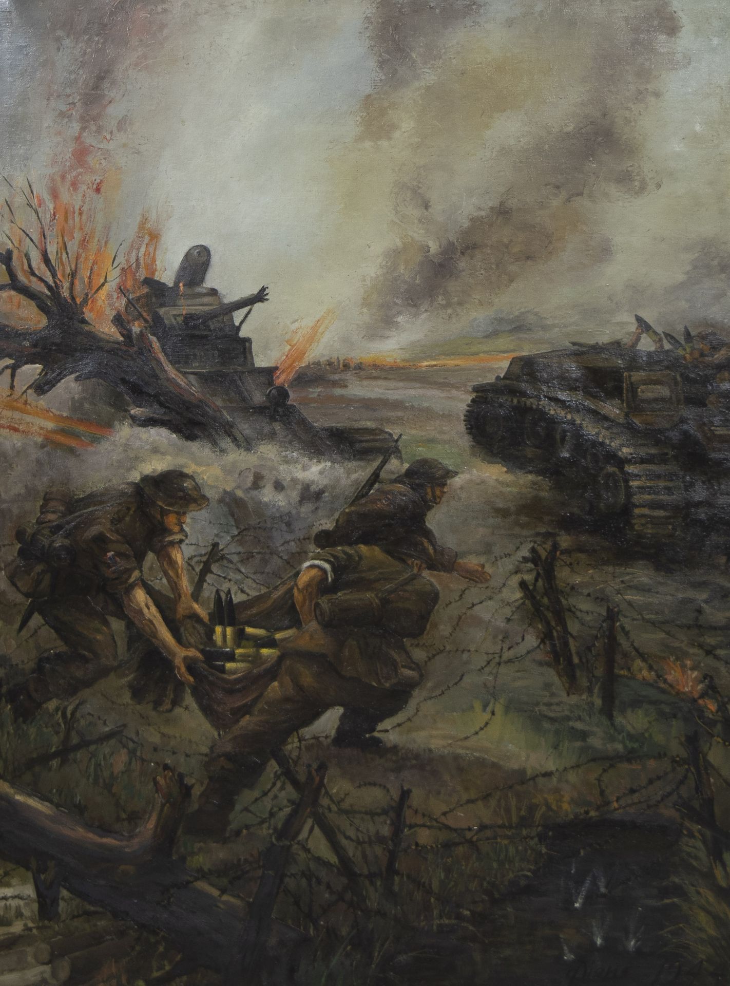 Oil on canvas Battlefield WWII English soldiers 'The last moment', signed and dated 1944