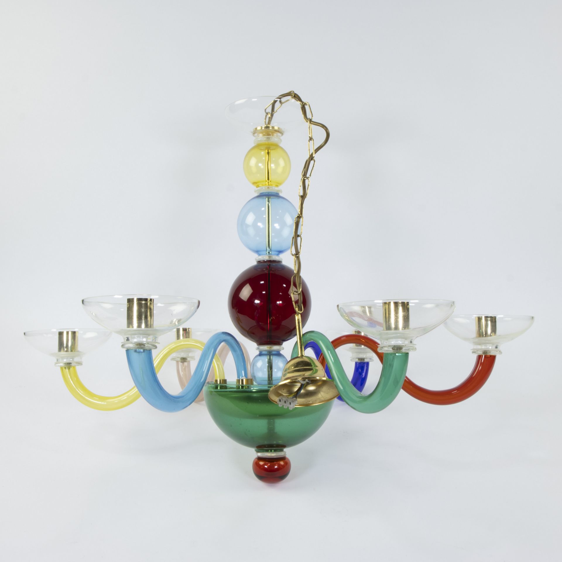 Chandelier with 6 arms after Gio Ponti, in transparent polychrome blown glass, 1980s - Bild 3 aus 4