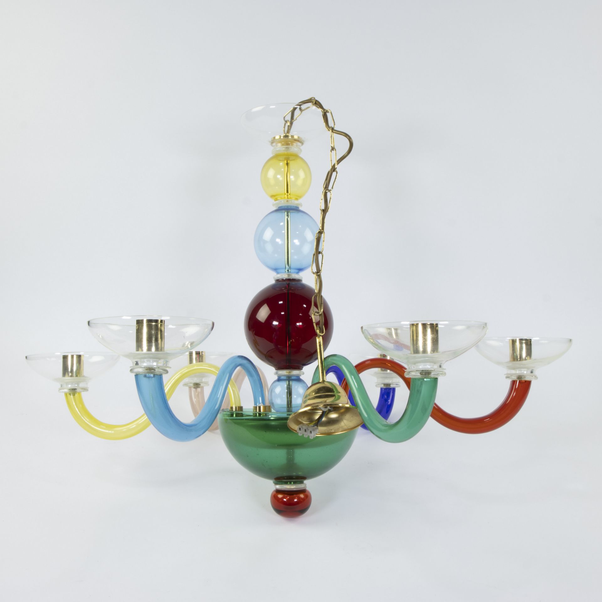 Chandelier with 6 arms after Gio Ponti, in transparent polychrome blown glass, 1980s - Image 3 of 4