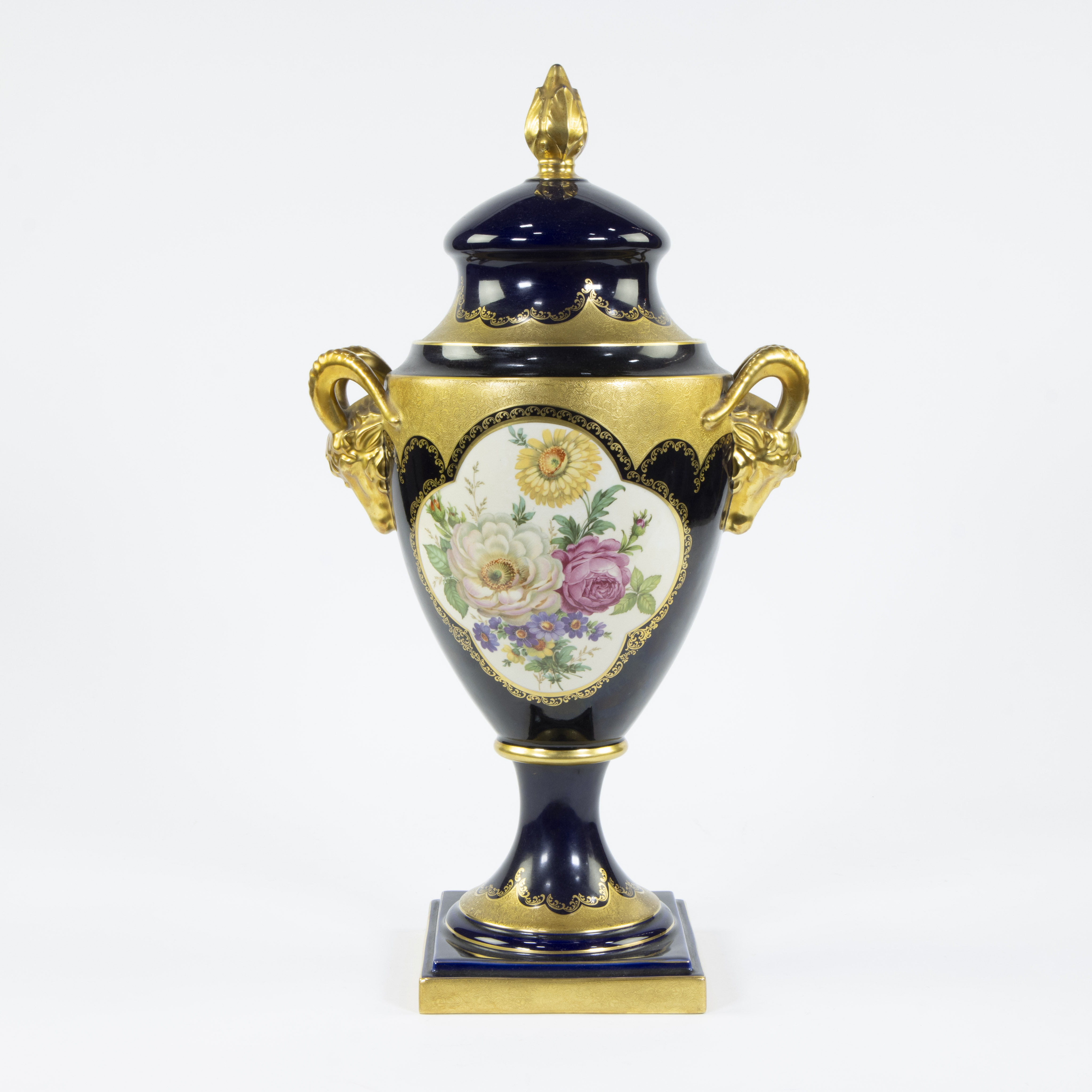 Lindner Kueps Bavaria cobalt blue and gilt porcelain vase with decoration of flowers and gilt rams h - Image 3 of 5