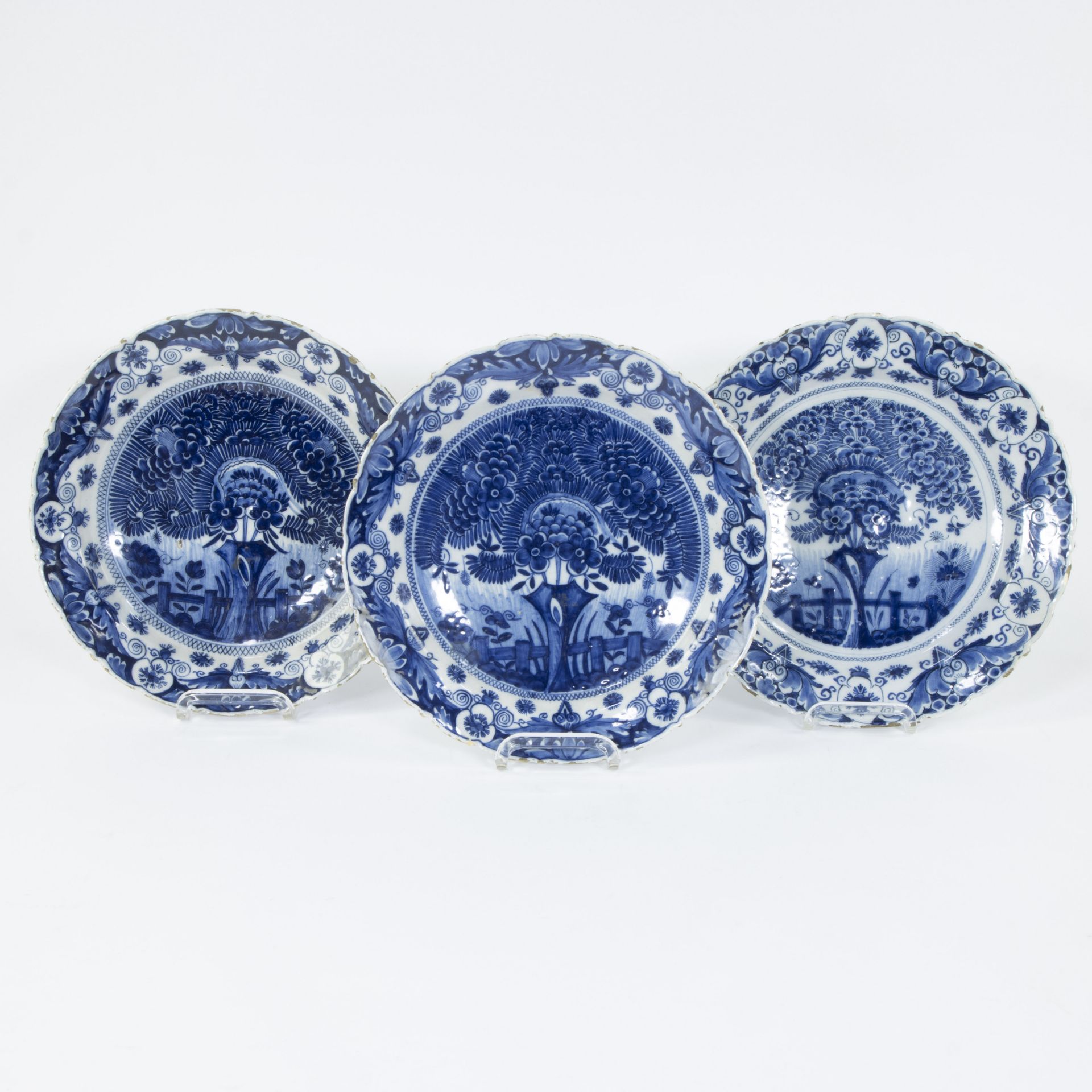 3 Delft 'Tea Tree' plates, De Klauw, 18th century, marked