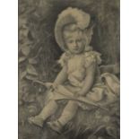 Pencil drawing of a Victorian girl with umbrella, signed Bertolait and dated 1894