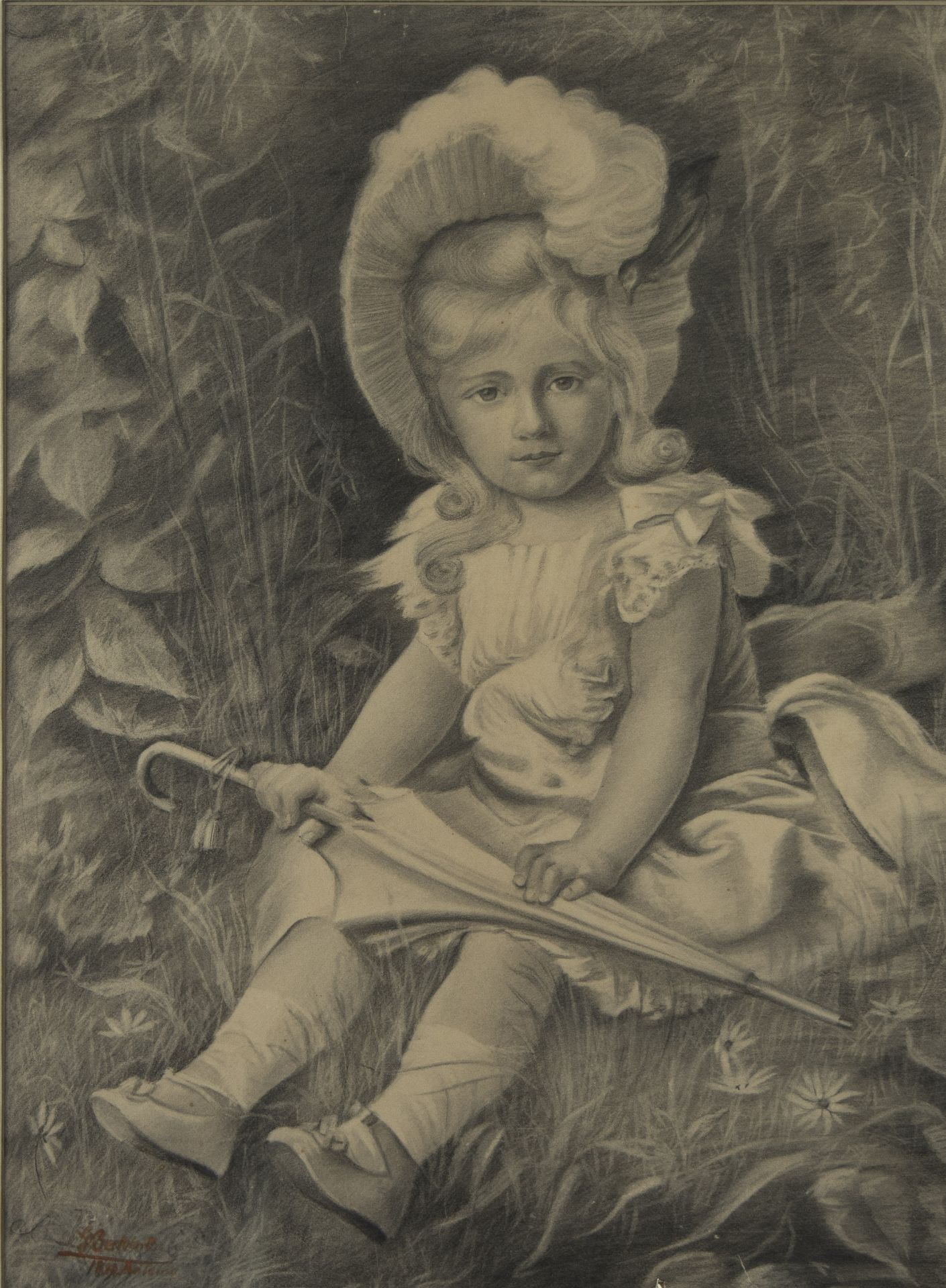 Pencil drawing of a Victorian girl with umbrella, signed Bertolait and dated 1894