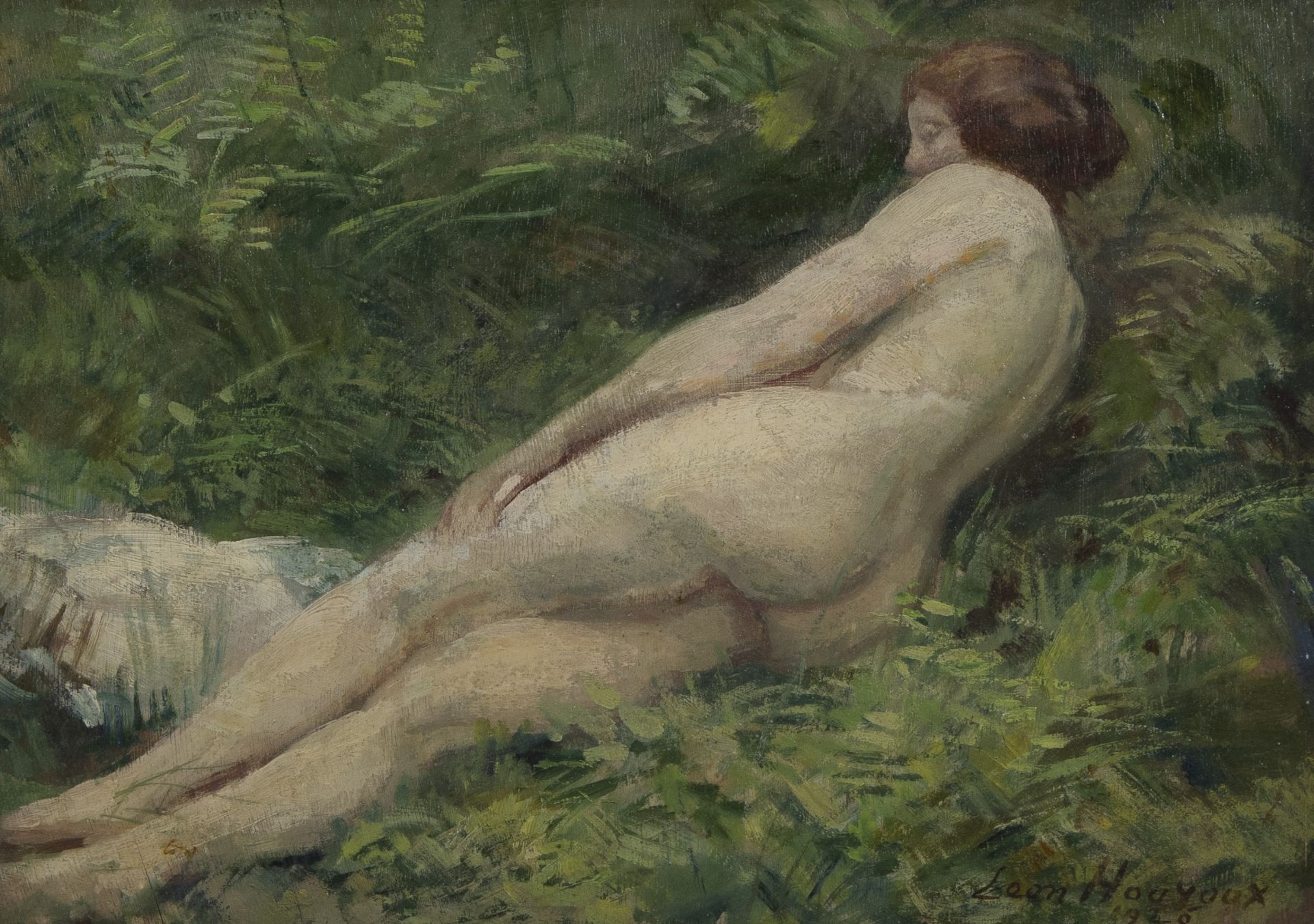 Léon HOUYOUX (1856-1940), oil on panel reclining nude, signed and dated 1926