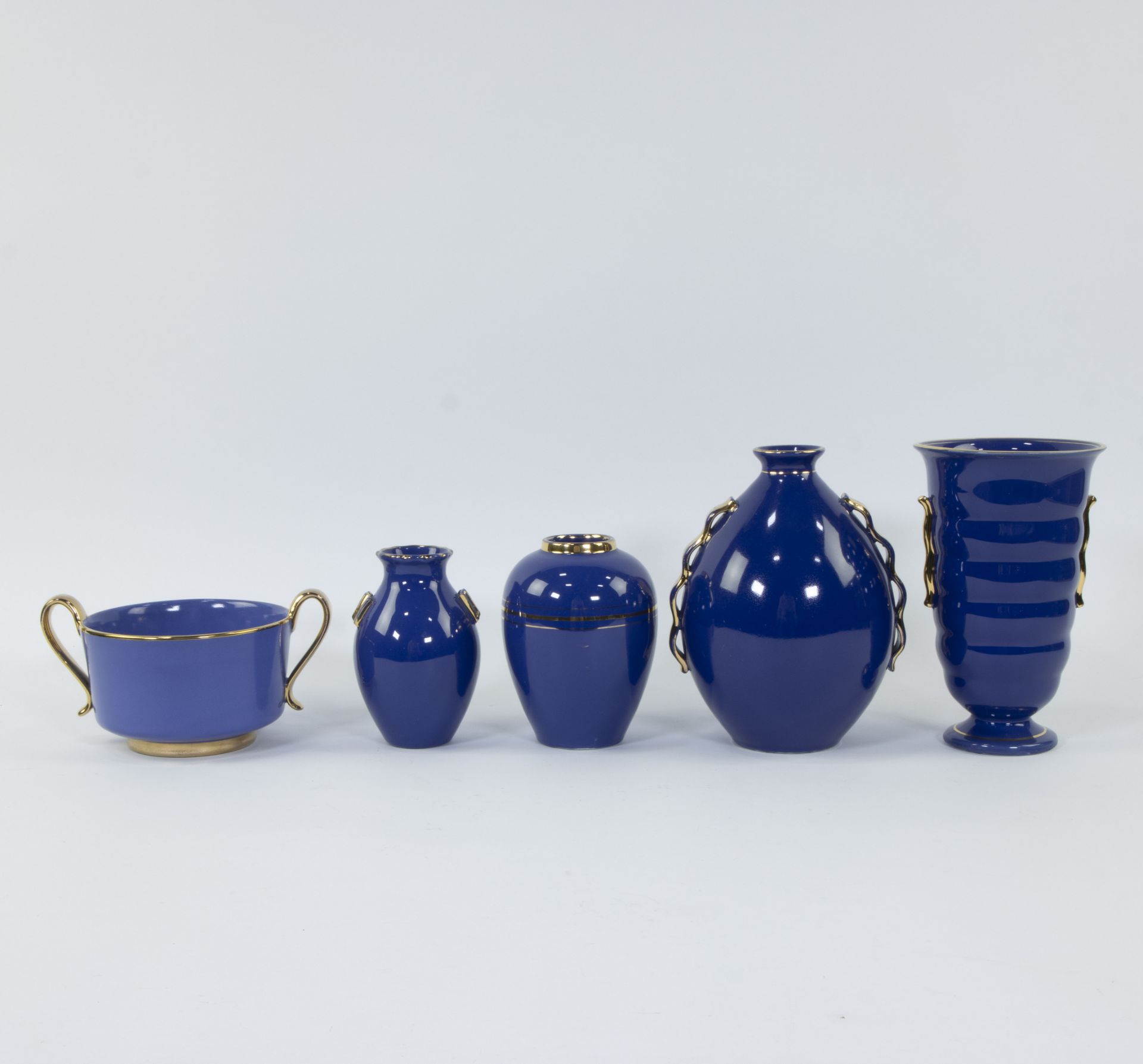 Collection of blue ceramic vases Boch Frères La Louvière a.o. design by Raymond Chevalier, marked