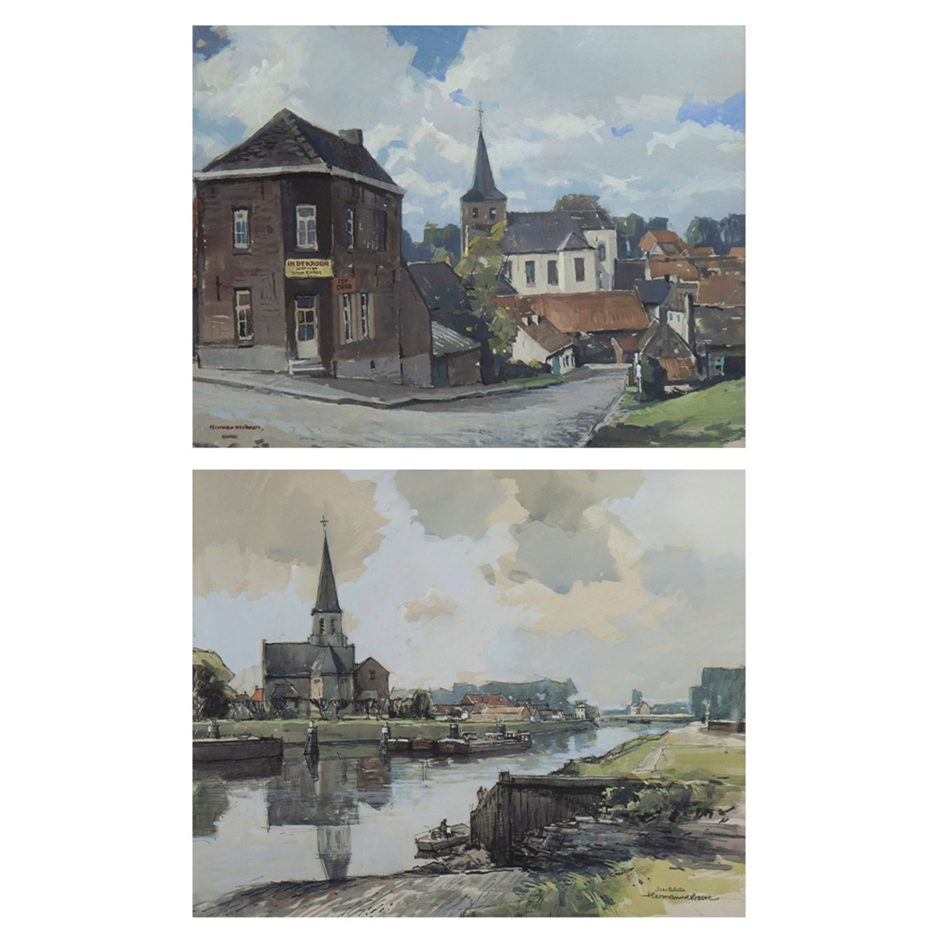 Herman VERBAERE (1906-1993), 2 watercolour paintings of the View of Zegelem and Ferry Schellebelle,