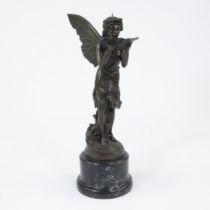 Brown patinated bronze fairy statue on black marble base sculpted in Art Nouveau style, Milo, posthu