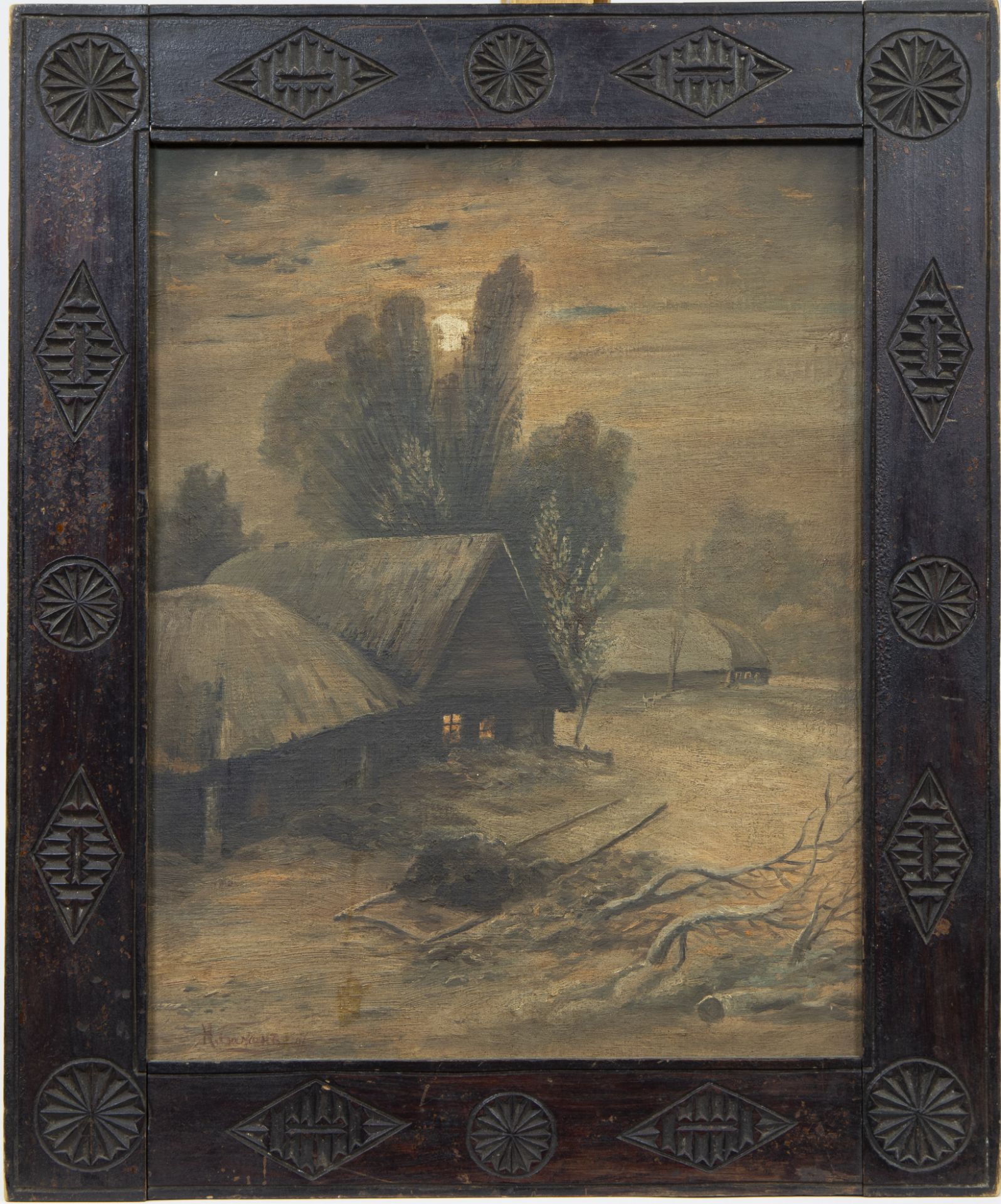 Nikolai Nikolaevic BAZHIN (1856-1917), oil on hardboard Russian cottage in snow at night, signed and - Bild 2 aus 4