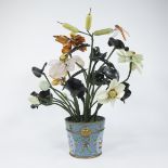 Gilt bronze Chinese cloisonne pot with a floral arrangement and dragonfly of hand-carved quartz glas