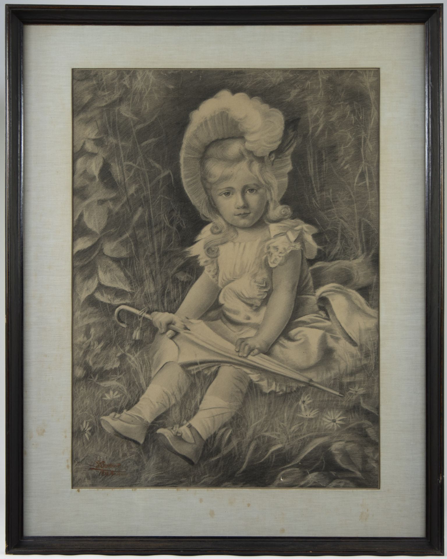 Pencil drawing of a Victorian girl with umbrella, signed Bertolait and dated 1894 - Bild 2 aus 3