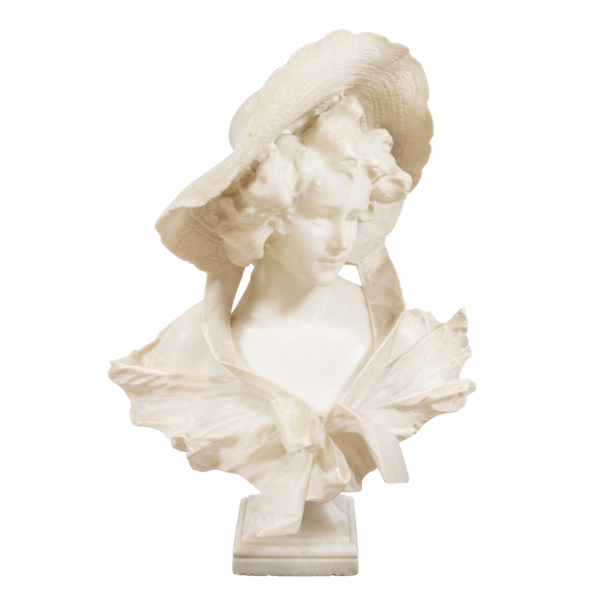 G. POCHINI (XIX), alabaster sculpture of a young lady with hat, signed