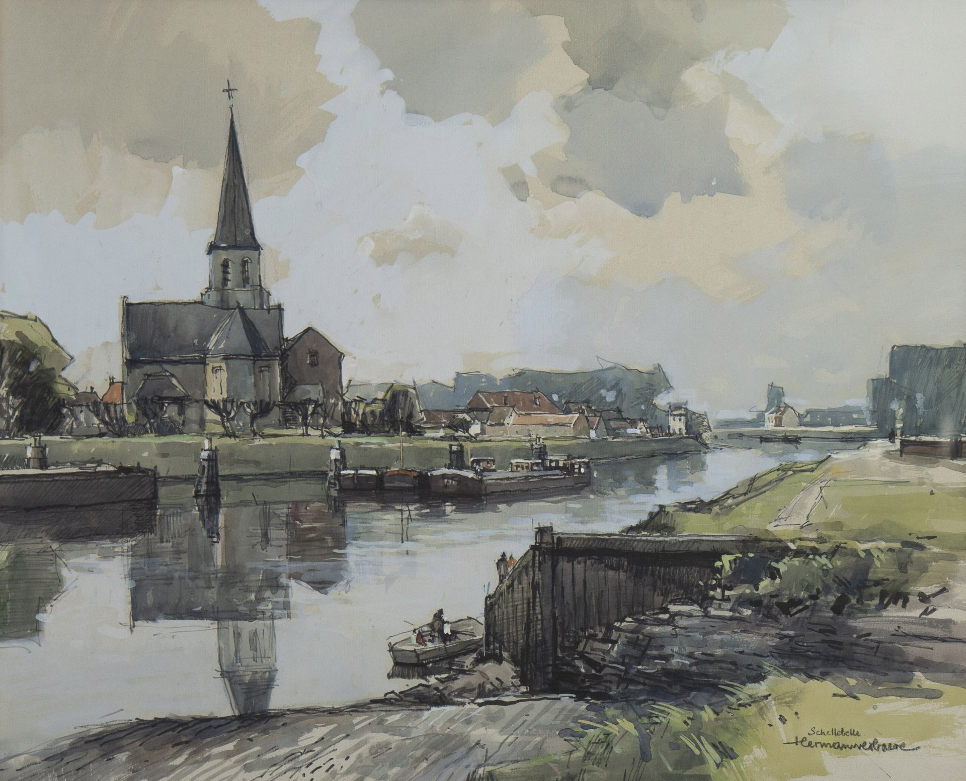 Herman VERBAERE (1906-1993), 2 watercolour paintings of the View of Zegelem and Ferry Schellebelle, - Image 2 of 7