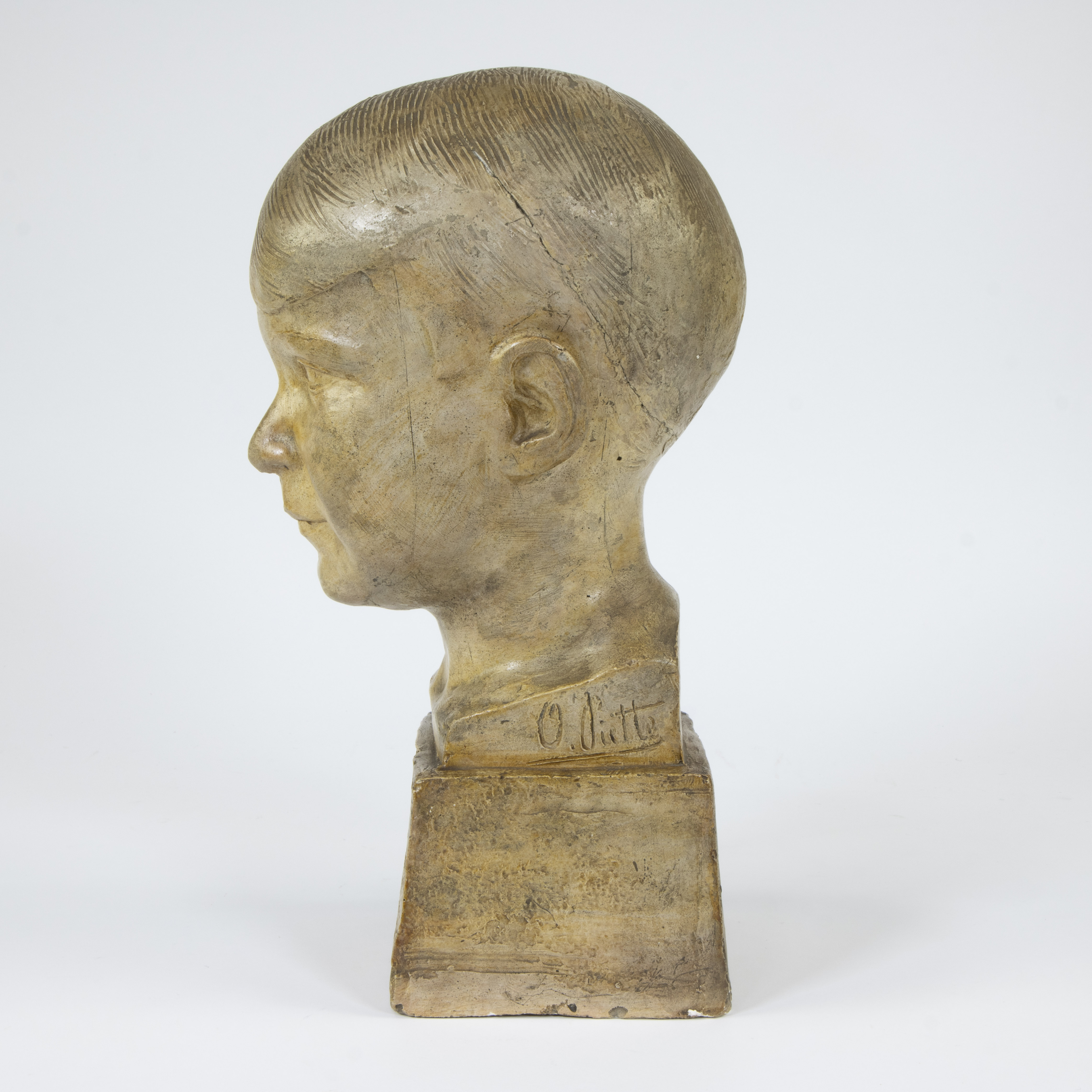 Olivier PIETTE (1885-1948), patinated plaster sculpture of a boy's head, signed - Image 2 of 5