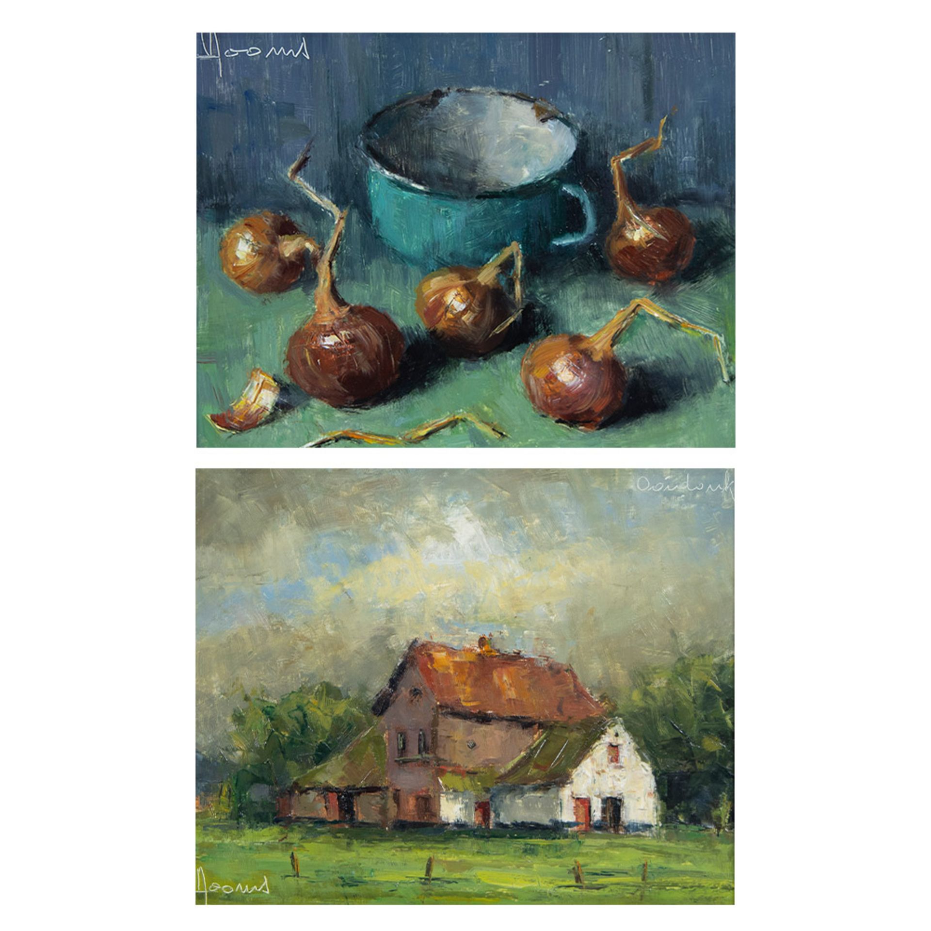 Vic DOOMS (1912-1994), lot of 2 works oil on board Still life with onions and Landscape with farmste