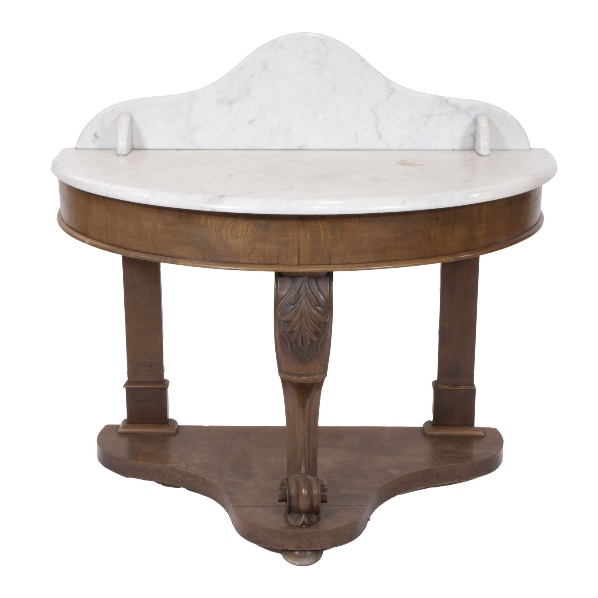 Large wall console with white marble top and sculpted leg, circa 1930s