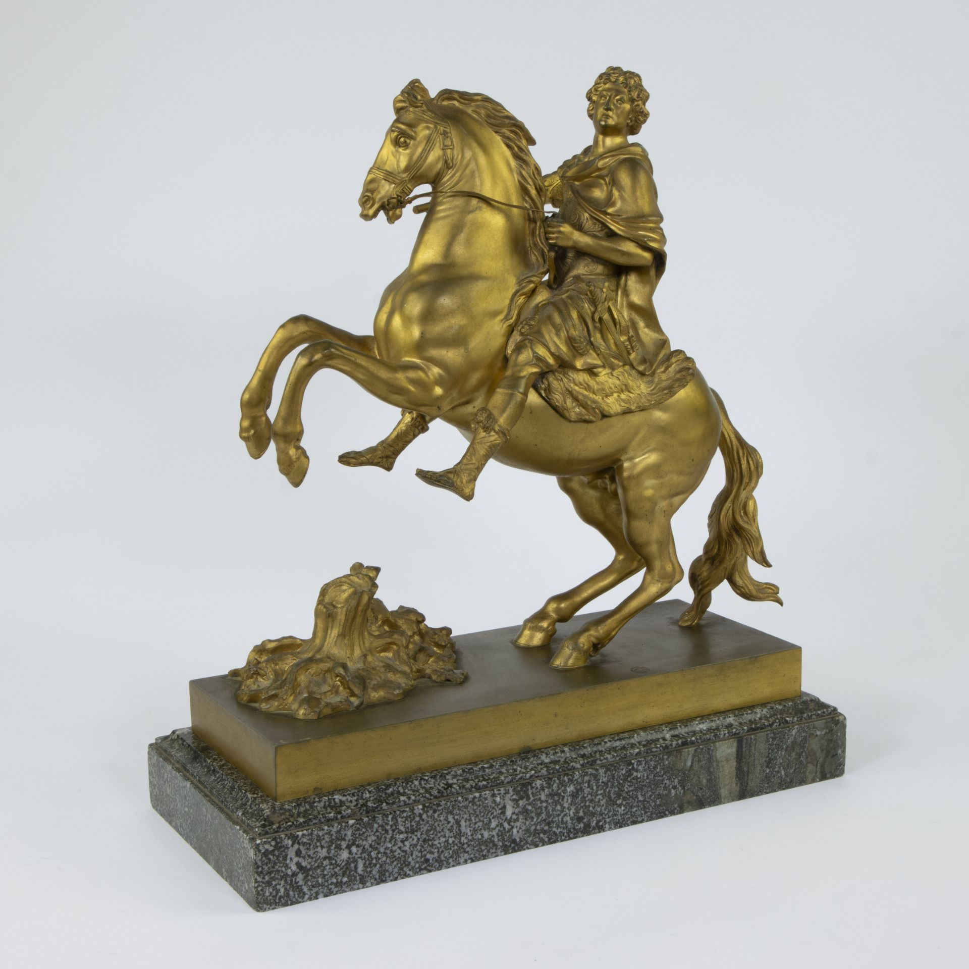 Rider in gilt bronze on marble plinth, depicting Louis XIV as Roman emperor, 19th century, after Fra