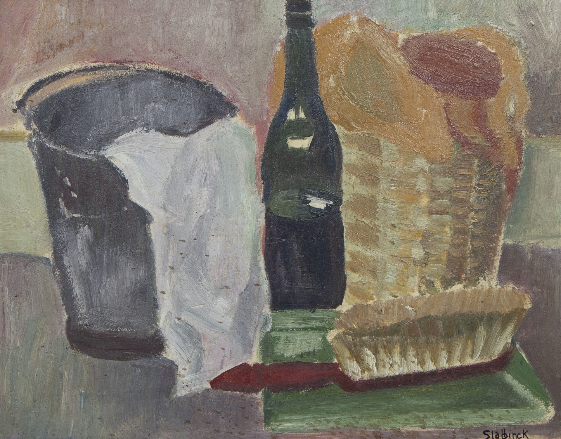 Rik SLABBINCK (1914-1991), oil on panel Still life with bucket and wine bottle, signed