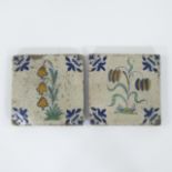 2 antique Delft tiles with decor of lapwing flower and narcissus, Holland, 17th century