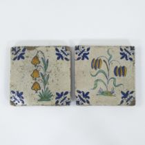 2 antique Delft tiles with decor of lapwing flower and narcissus, Holland, 17th century