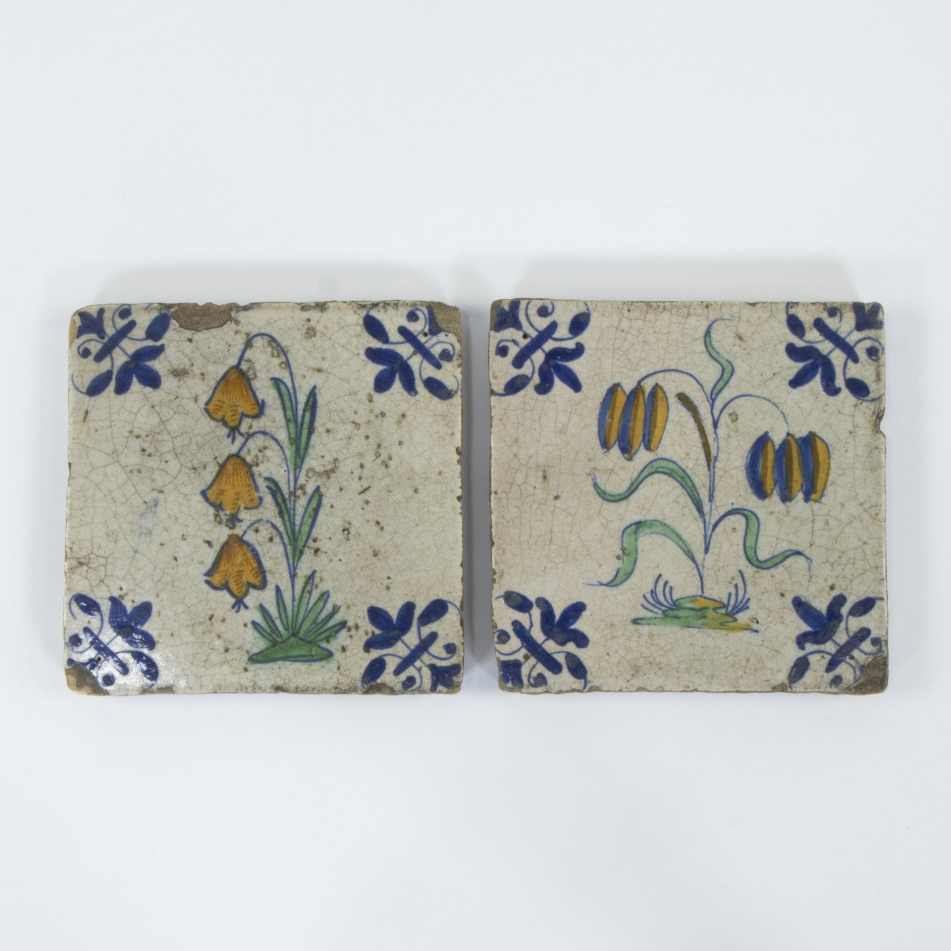 2 antique Delft tiles with decor of lapwing flower and narcissus, Holland, 17th century