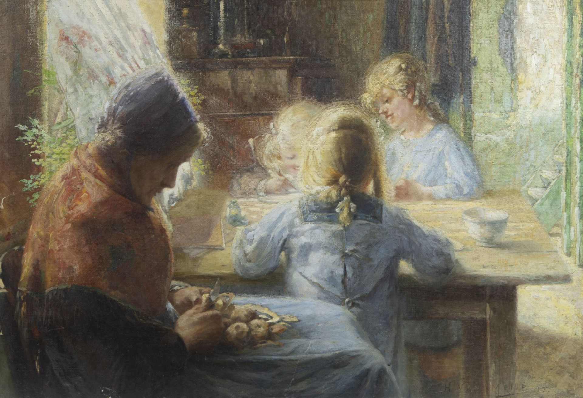Henri VAN MELLE (1859-1930), oil on canvas Playing children at table, signed and dated '17
