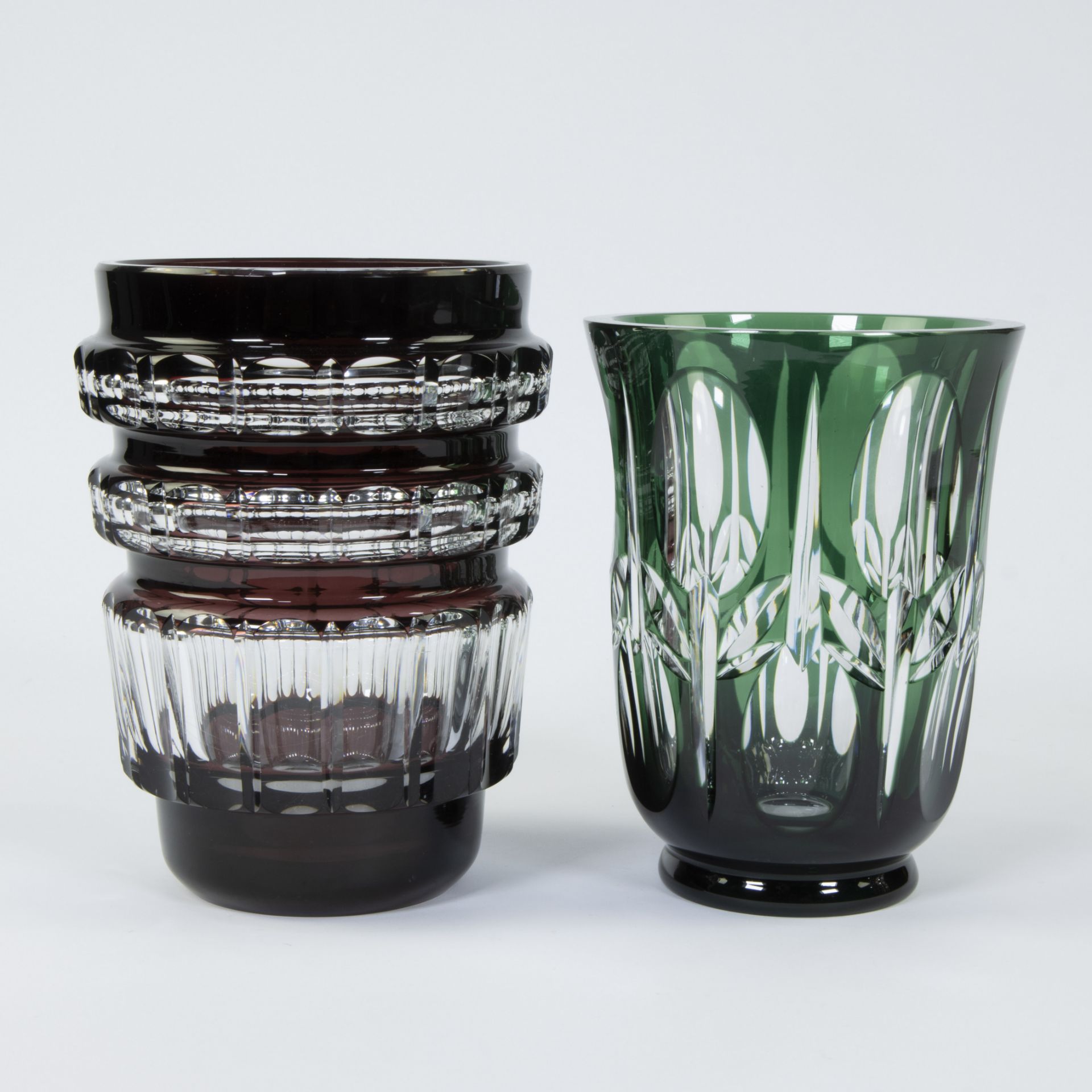 Val Saint Lambert brown and clear cut crystal vase by Joseph Simon and green and clear cut crystal A - Image 2 of 5