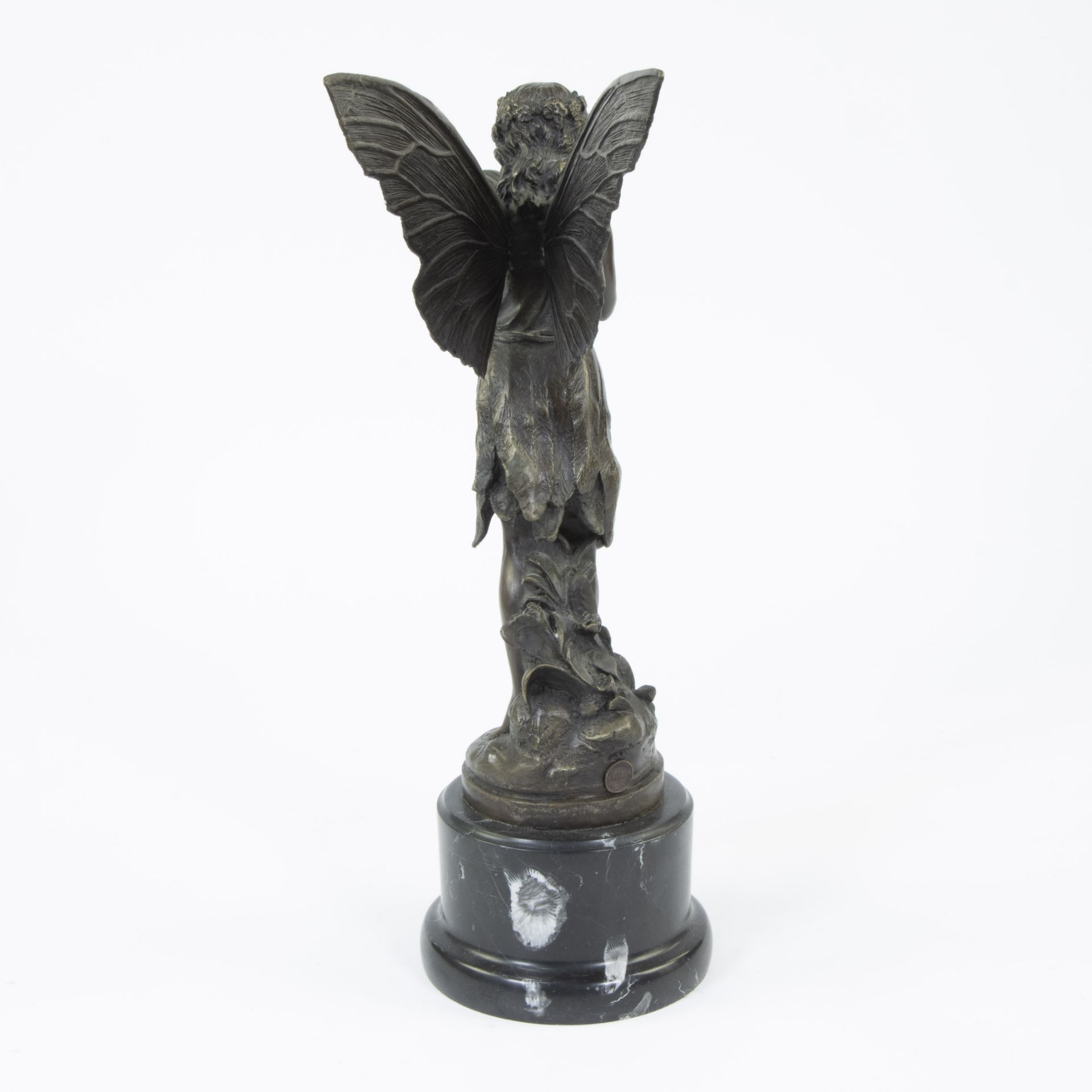 Brown patinated bronze fairy statue on black marble base sculpted in Art Nouveau style, Milo, posthu - Image 3 of 5