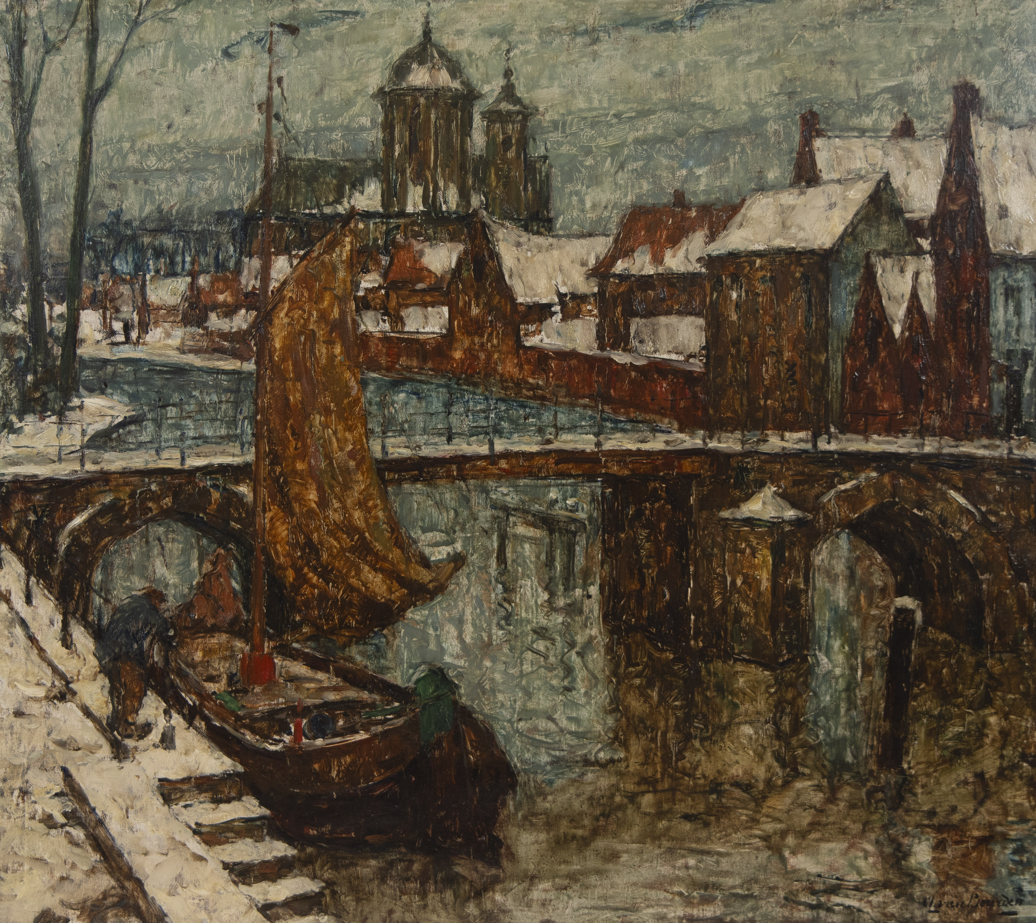 Alphonse II VAN BEURDEN (1878-1961), oil on canvas animated canal view, signed