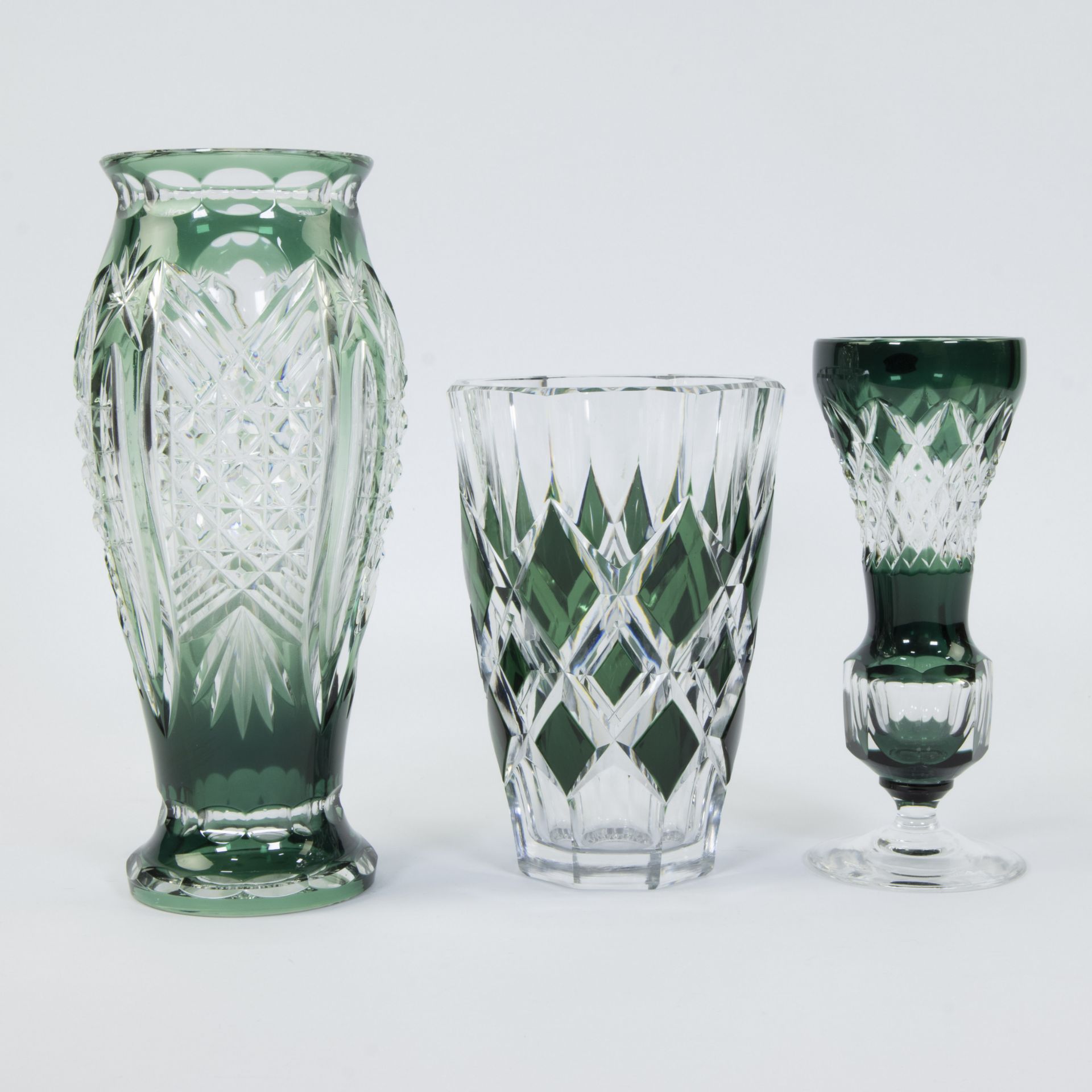 Val Saint Lambert, 3 green and clear cut crystal vases - Image 3 of 4