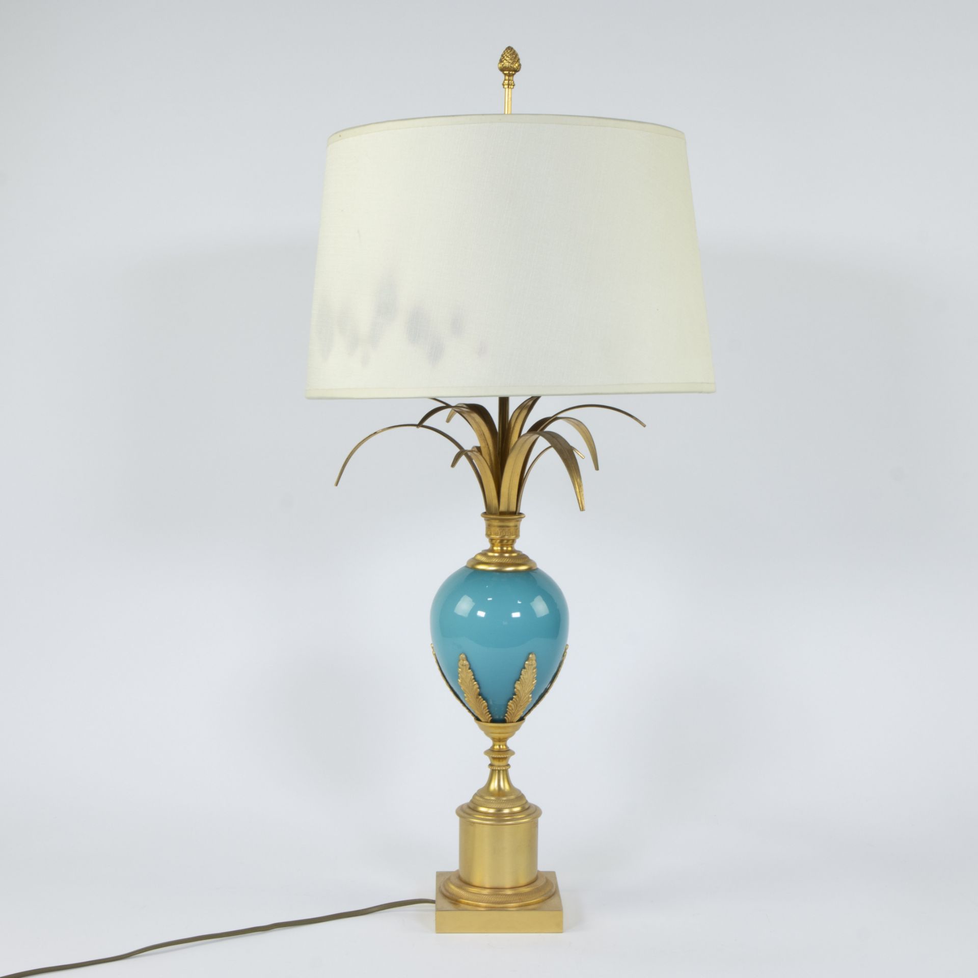 Boulanger turquoise Ostrich egg table lamp in opaline and gilt brass