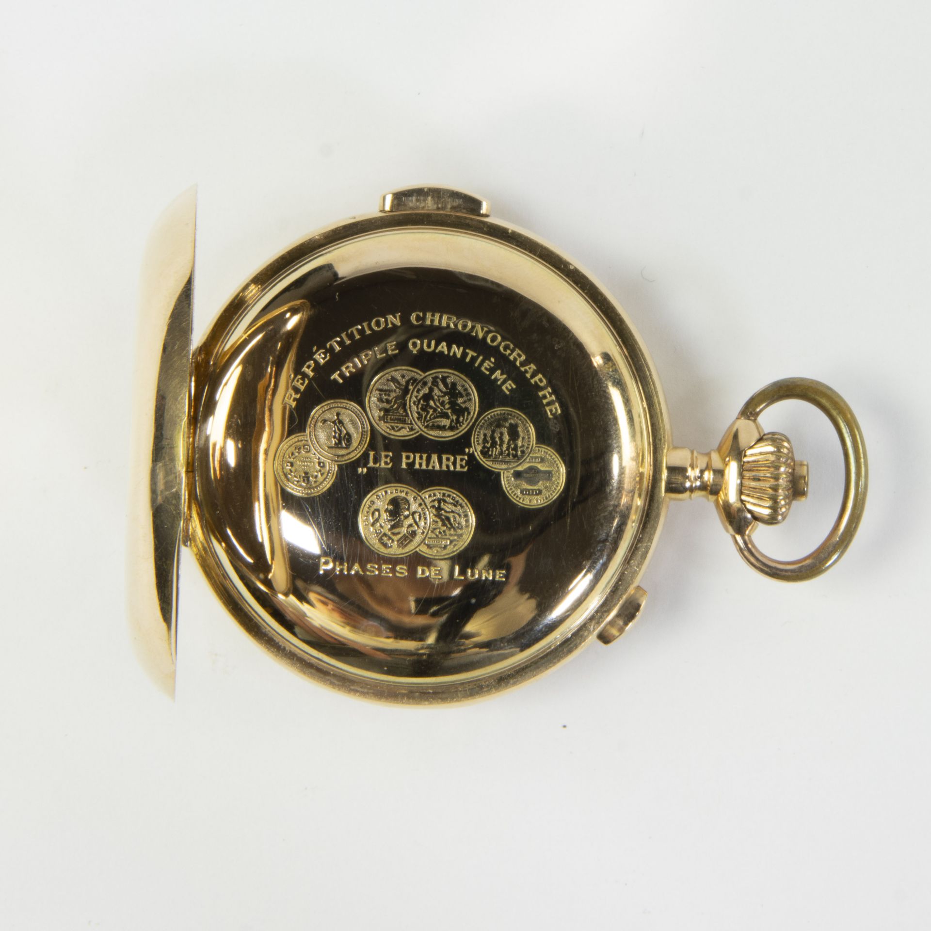 Gold pocket watch 'Le Phare' with golden chain (18 ct), 25 grams, Chronographe répétition, ca 1890 - Image 2 of 4