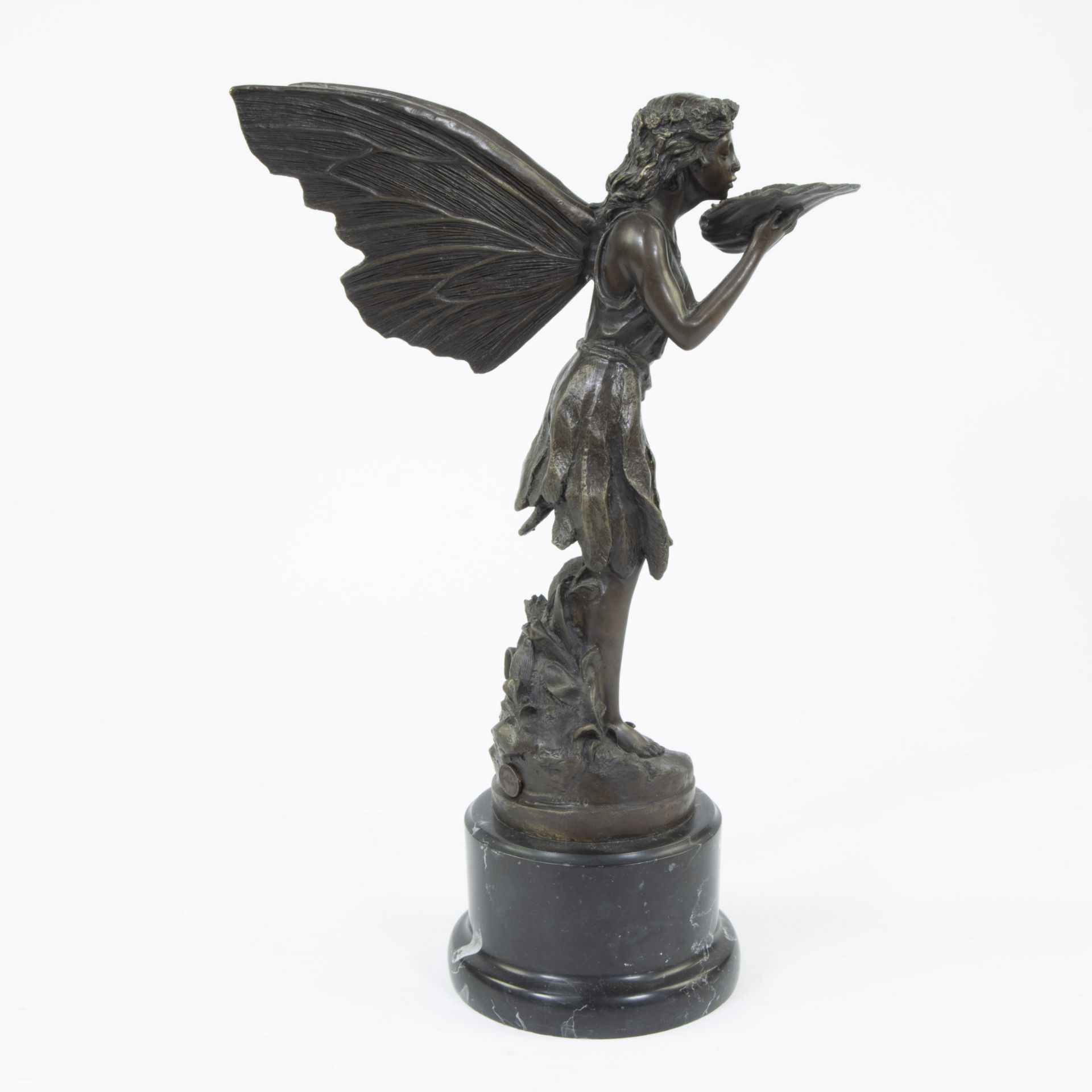 Brown patinated bronze fairy statue on black marble base sculpted in Art Nouveau style, Milo, posthu - Image 4 of 5