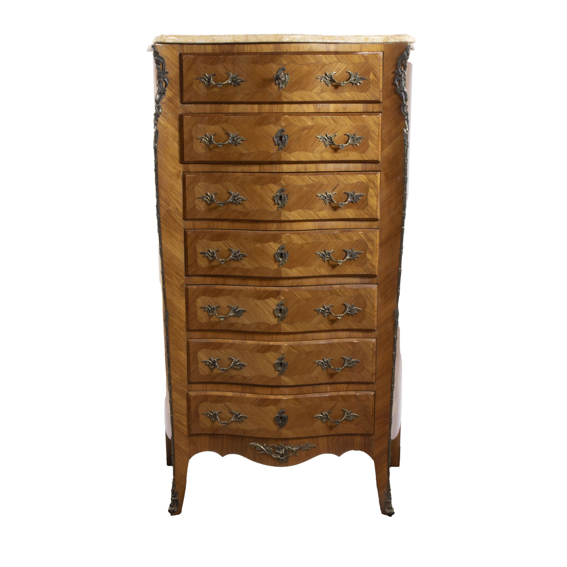 Louis XV style 7-drawer chest with marble top and bronze mounts