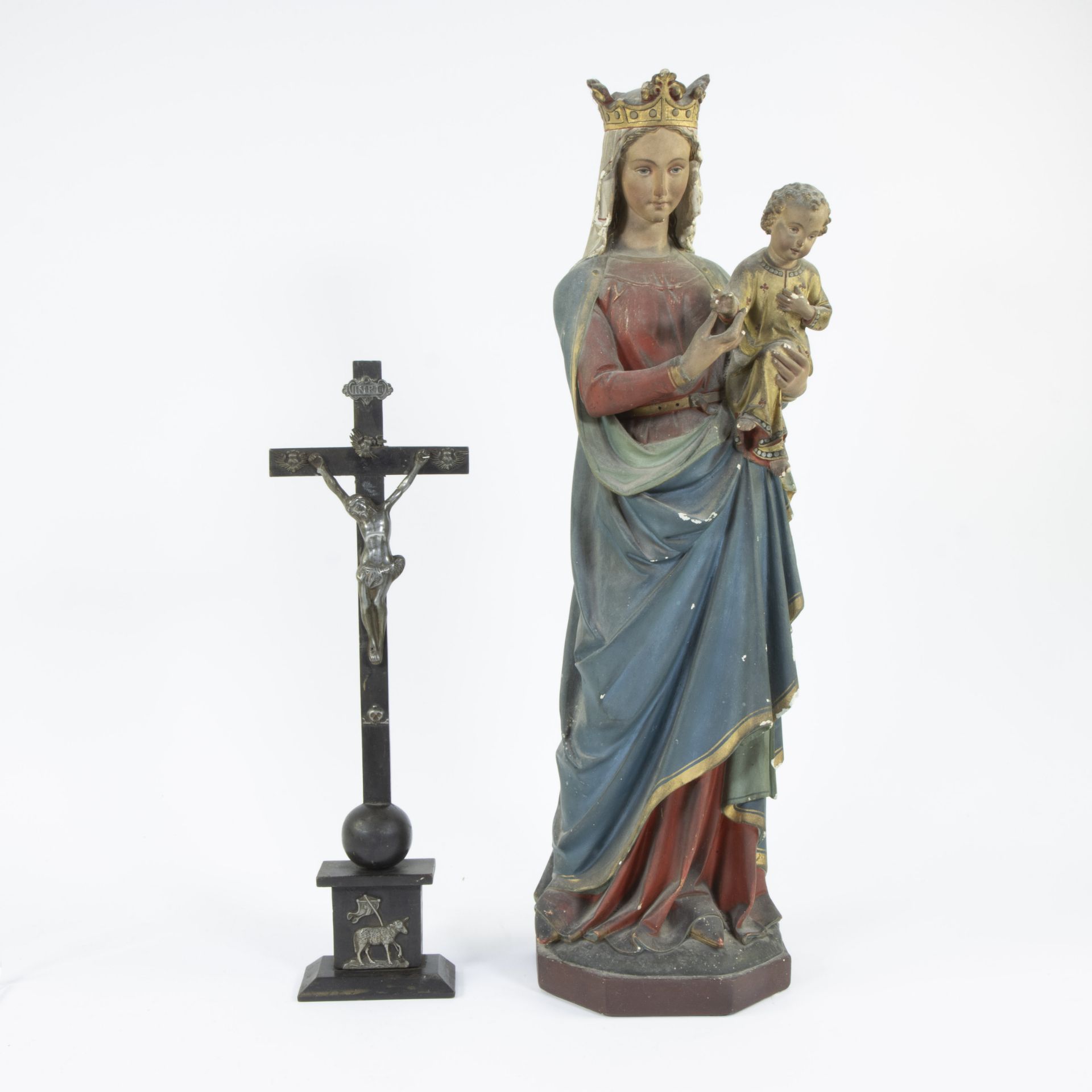 Religious items, 3 frames folk art, polychrome statue Madonna and child, tile tableau and Corpus - Image 2 of 6
