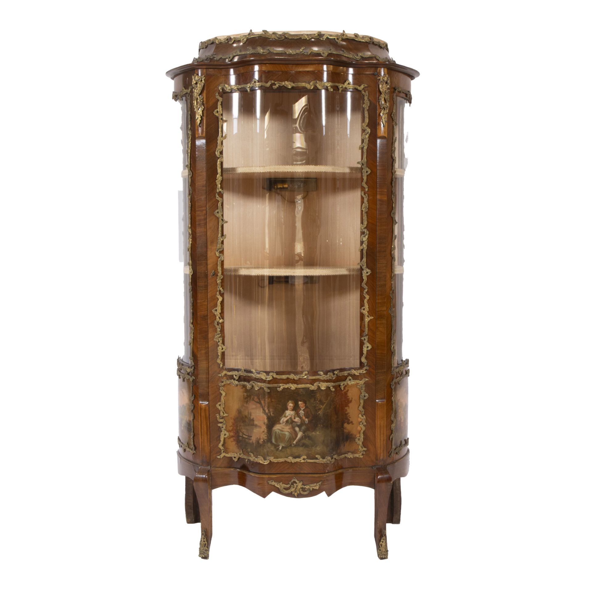 Louis XV style display case with curved glass and bronze mounts, decorated with a romantic decor