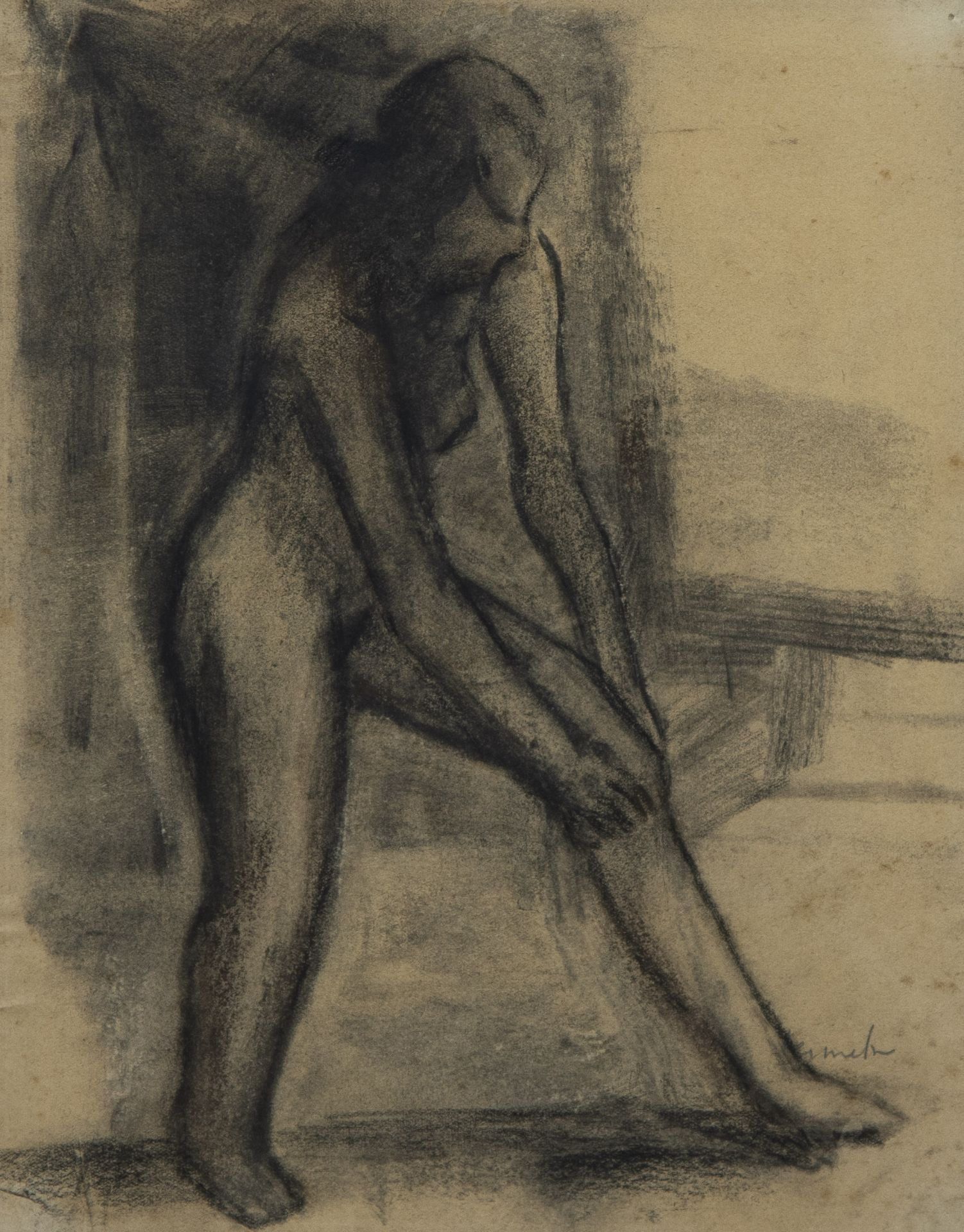 Constant PERMEKE (1886-1952), charcoal drawing of a standing nude, signed