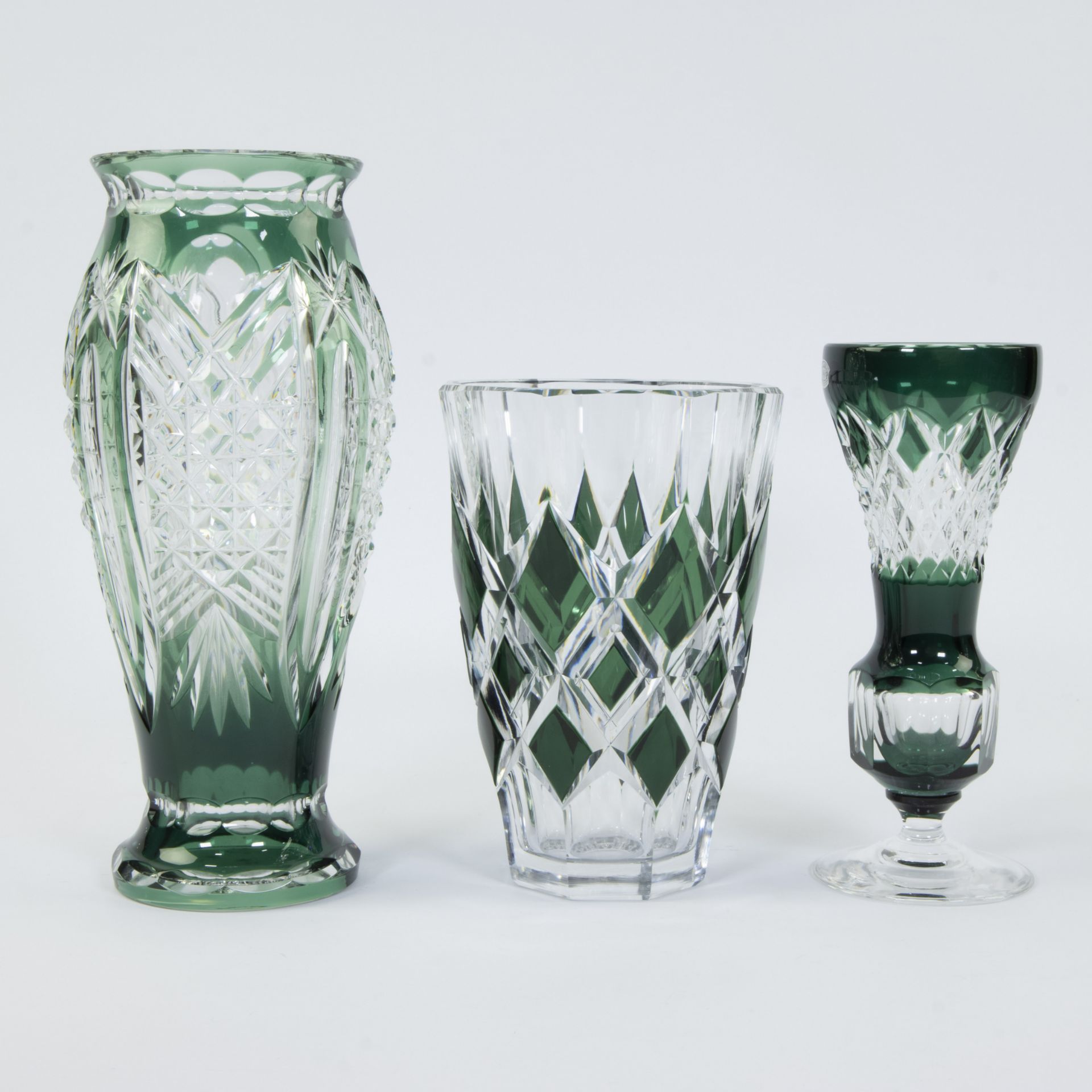Val Saint Lambert, 3 green and clear cut crystal vases - Image 2 of 4