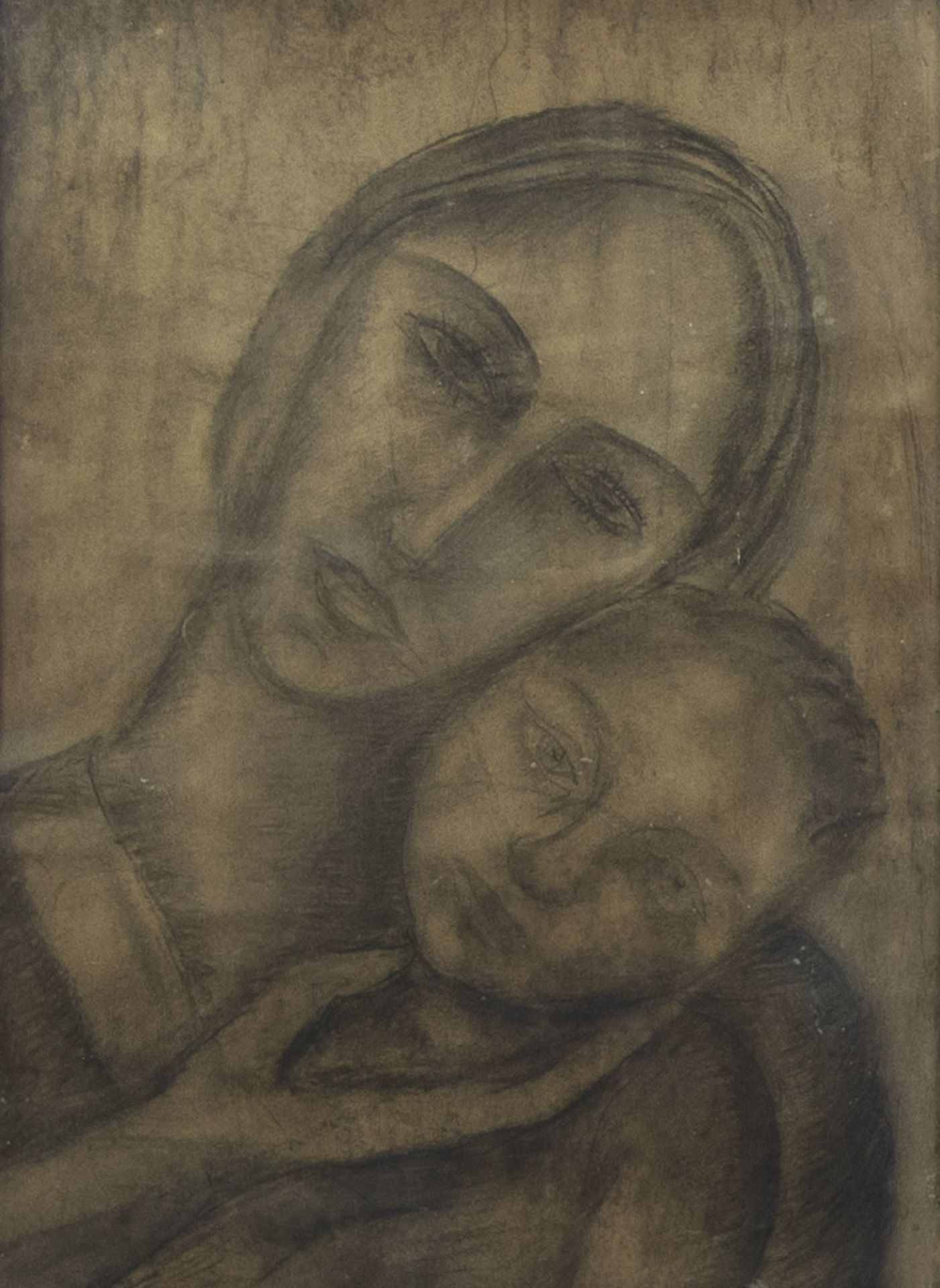 Ferdinand SCHIRREN (1872-1944), charcoal drawing Mother and child, signed