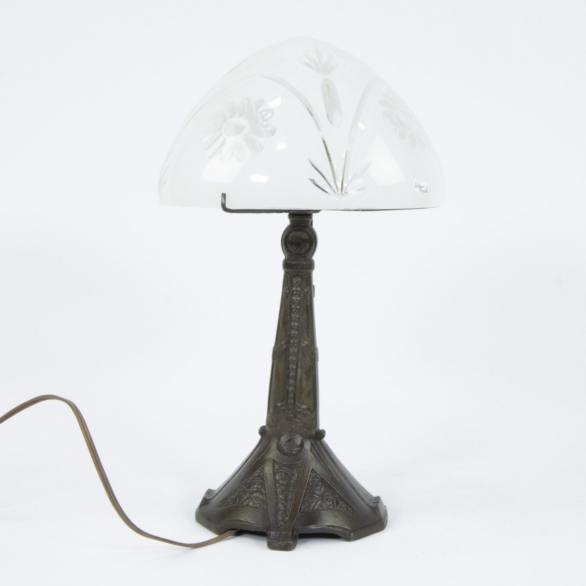 Art Deco mushroom lamp with bronze base and glass shade - Image 4 of 4