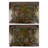 Set of 2 bronze Art Nouveau plaques in wooden frame