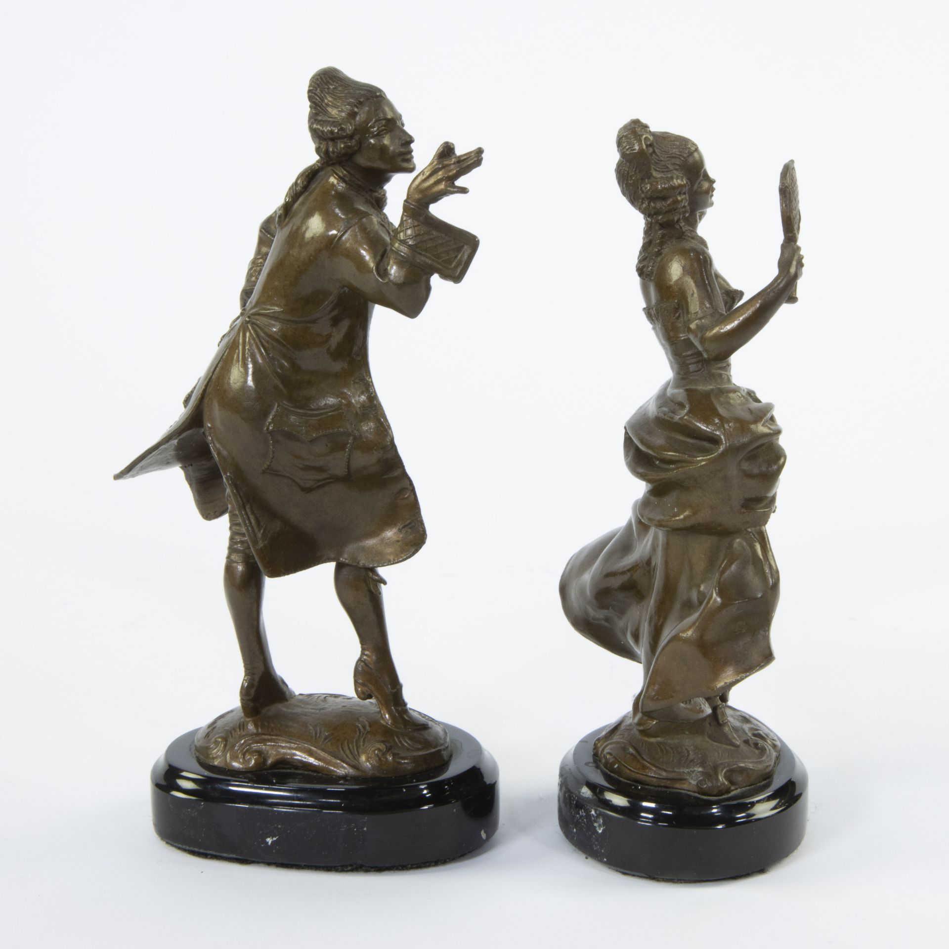 A pair of bronze figurines in brown patina of a Noble Lady and Noble Lord - Image 2 of 4