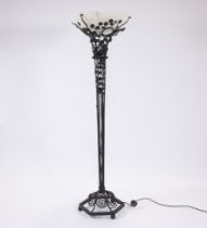 Art Deco floor lamp in wrought iron with alabaster coupe