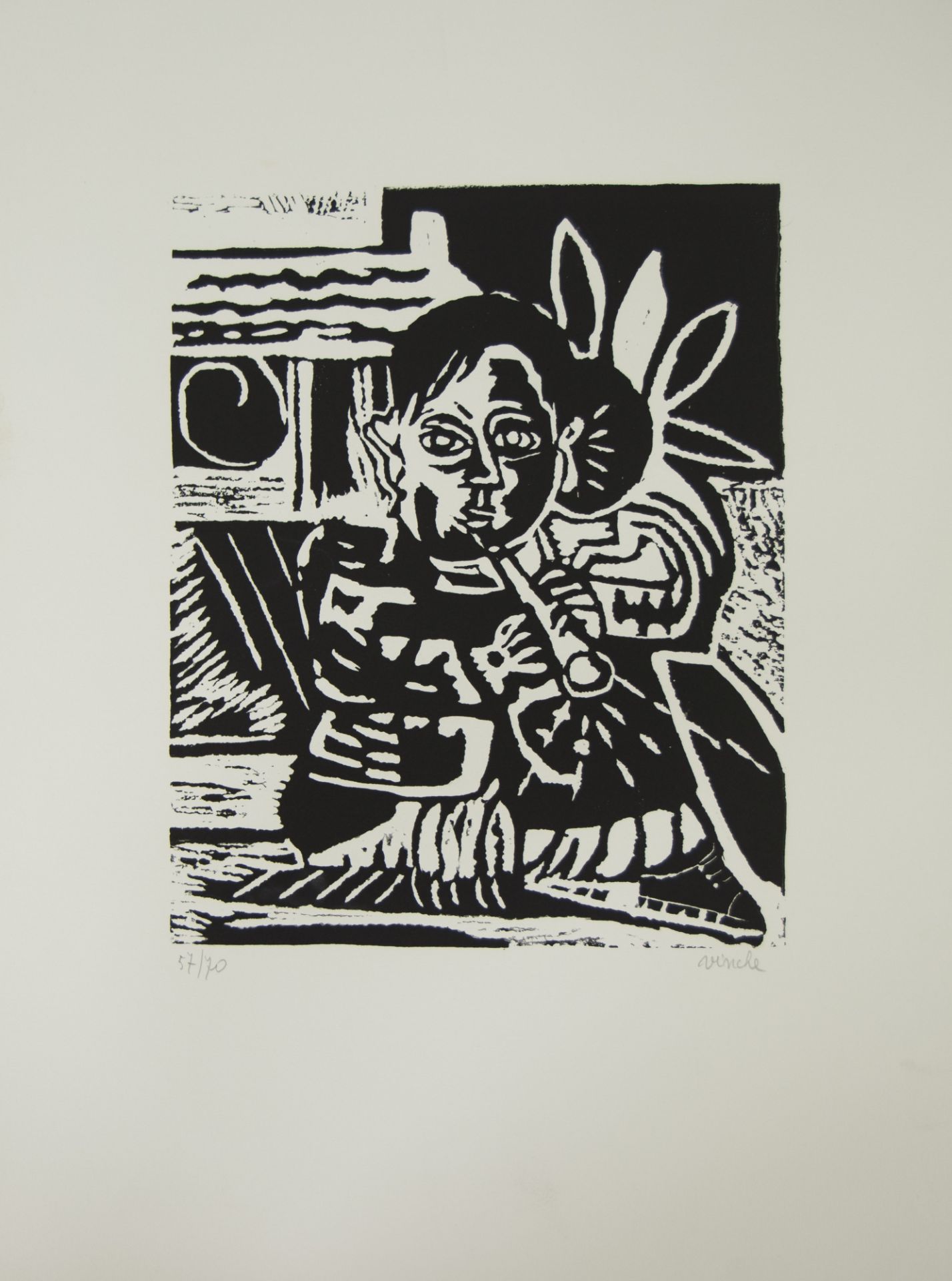 Lionel VINCHE (1936), linocut Flute player, numbered 57/70 and signed - Image 2 of 4