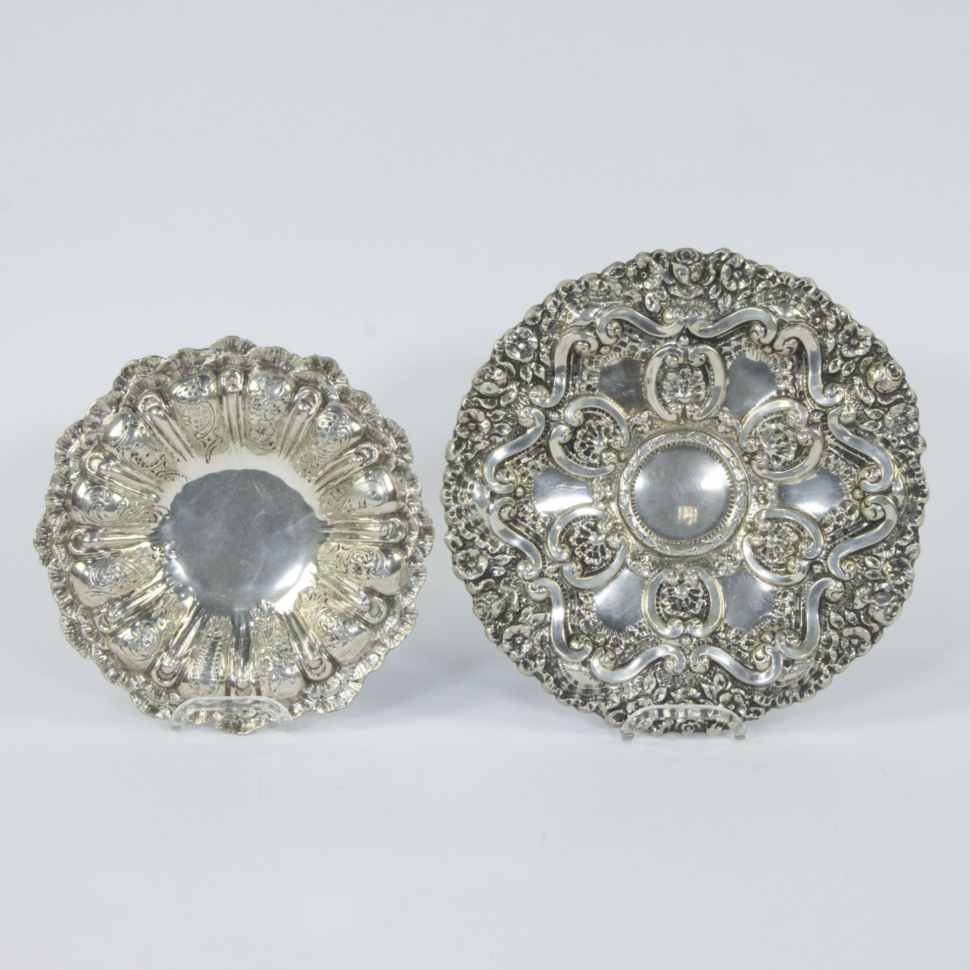 2 silver dishes, repoussé