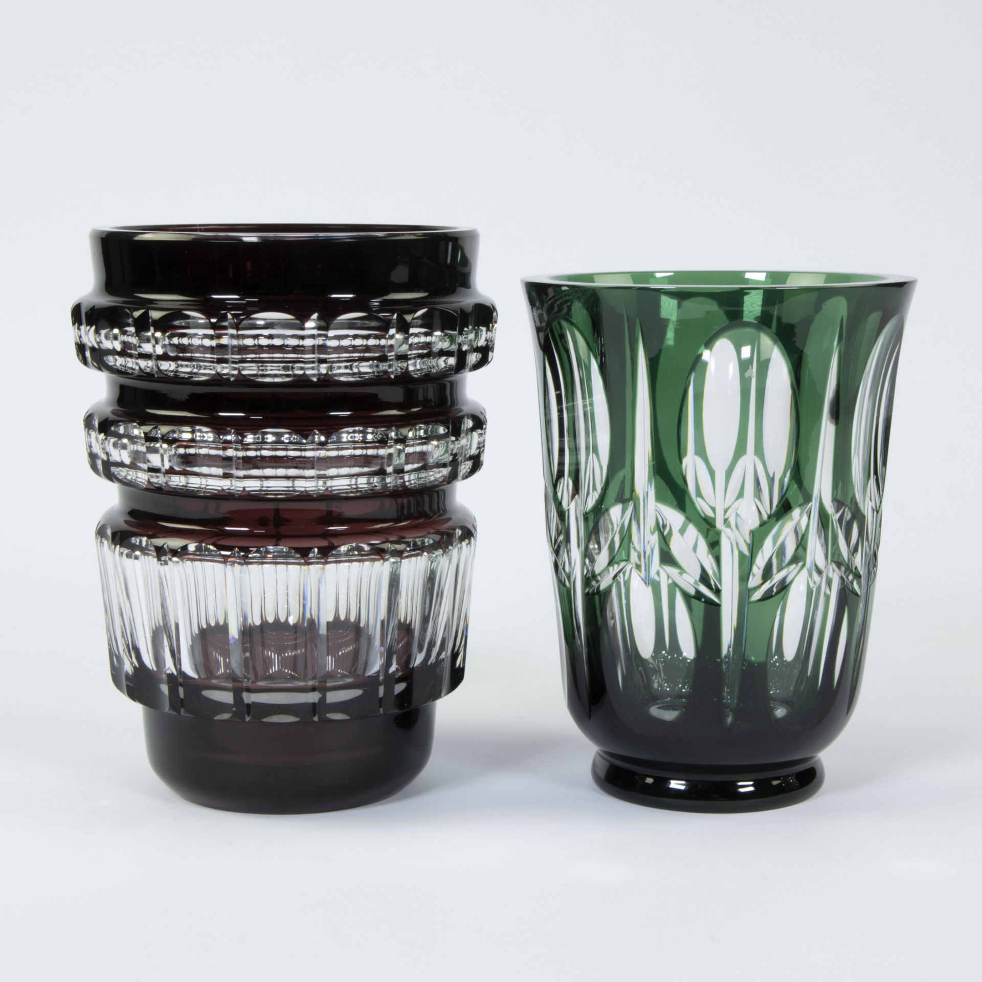 Val Saint Lambert brown and clear cut crystal vase by Joseph Simon and green and clear cut crystal A