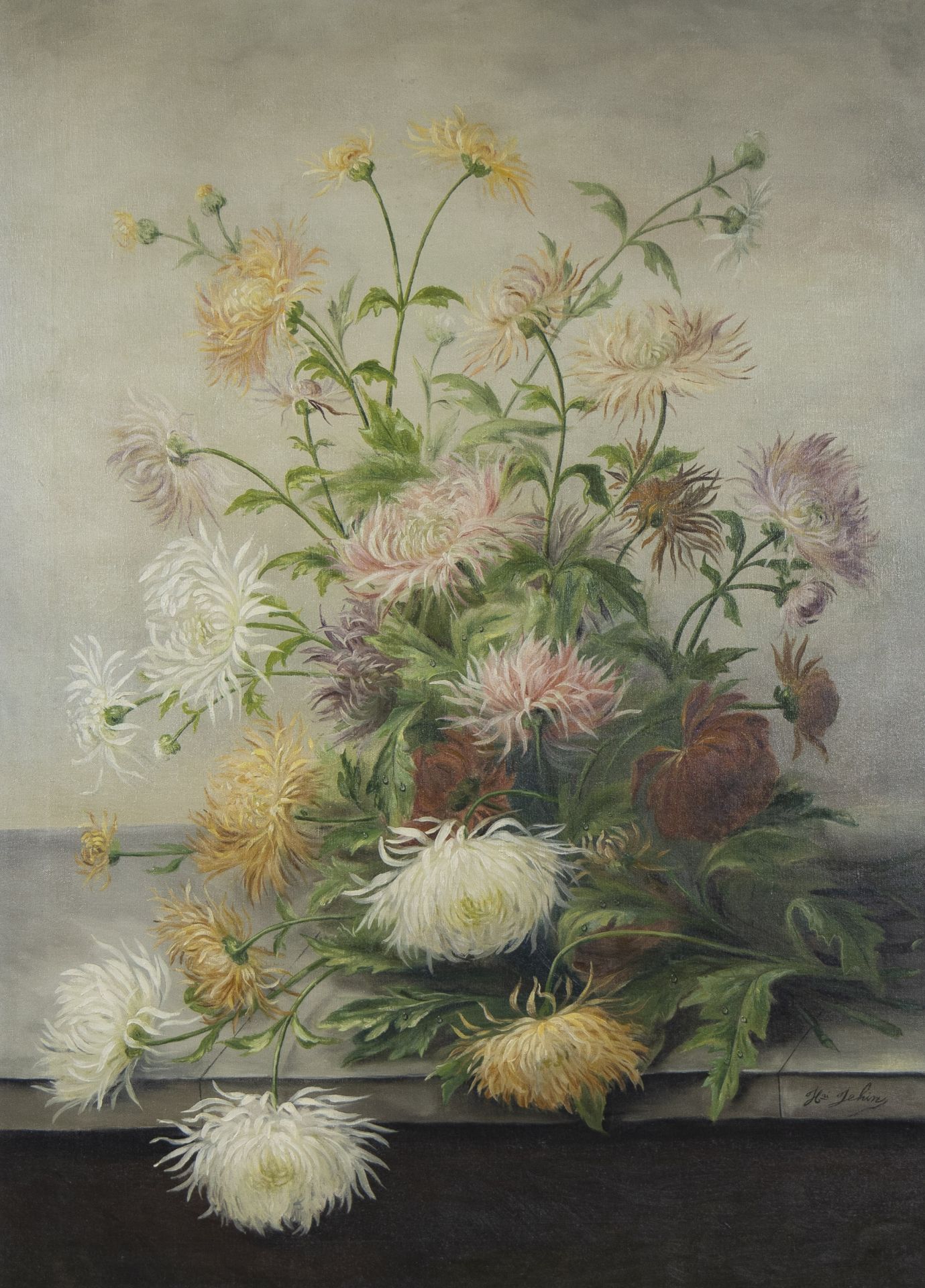 Henri JEHIN (1812-1880), oil on canvas Bouquet of dahlias on a stone, signed