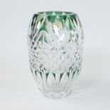 Val Saint Lambert green and clear cut crystal vase, signed and with original label