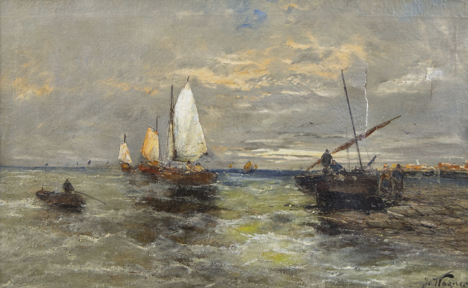 Georg FISCHHOF (1859-1914) (J. WAGNER), pendant oil on canvas Sailing boats on the water, signed - Bild 3 aus 9